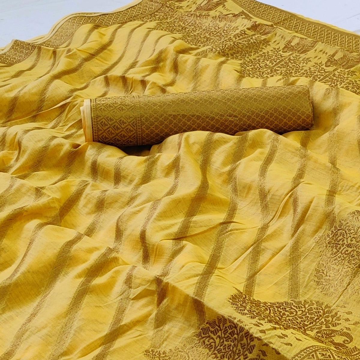 Yellow Woven Poly Cotton Saree - Peachmode