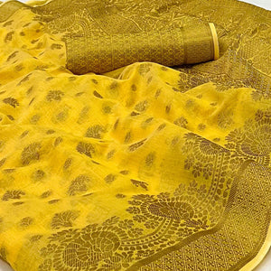 Yellow Woven Poly Cotton Saree - Peachmode