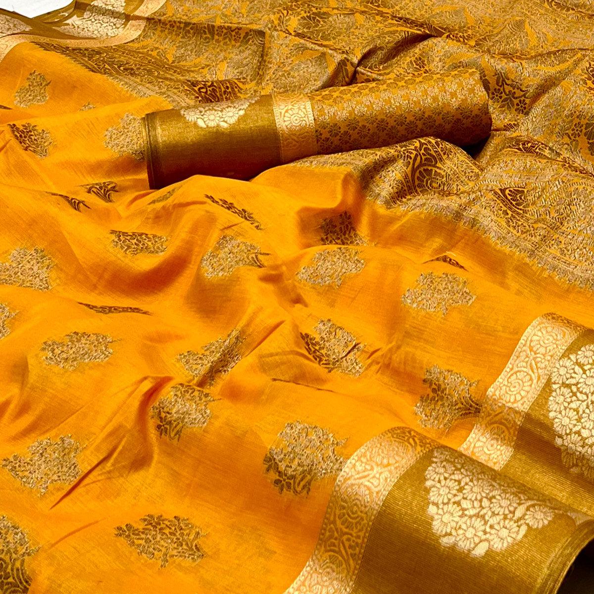 Yellow Woven Poly Cotton Saree - Peachmode