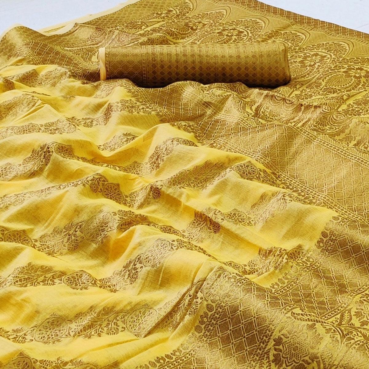 Yellow Woven Poly Cotton Saree - Peachmode