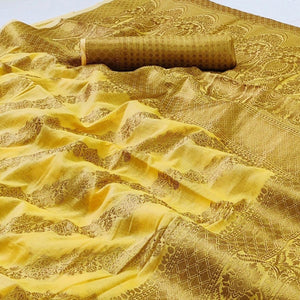 Yellow Woven Poly Cotton Saree - Peachmode