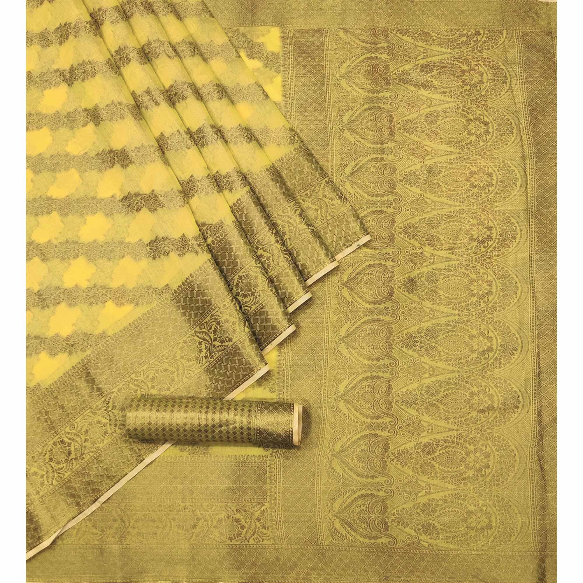 Yellow Woven Poly Cotton Saree - Peachmode