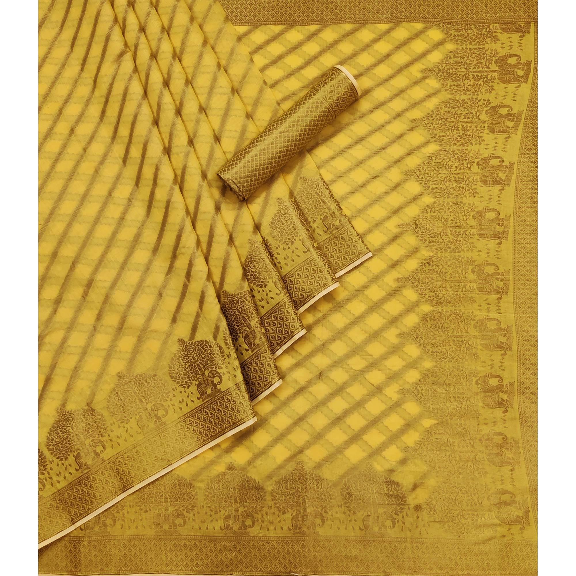 Yellow Woven Poly Cotton Saree - Peachmode