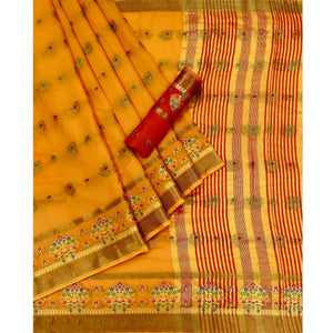 Yellow Woven Poly Cotton Saree - Peachmode