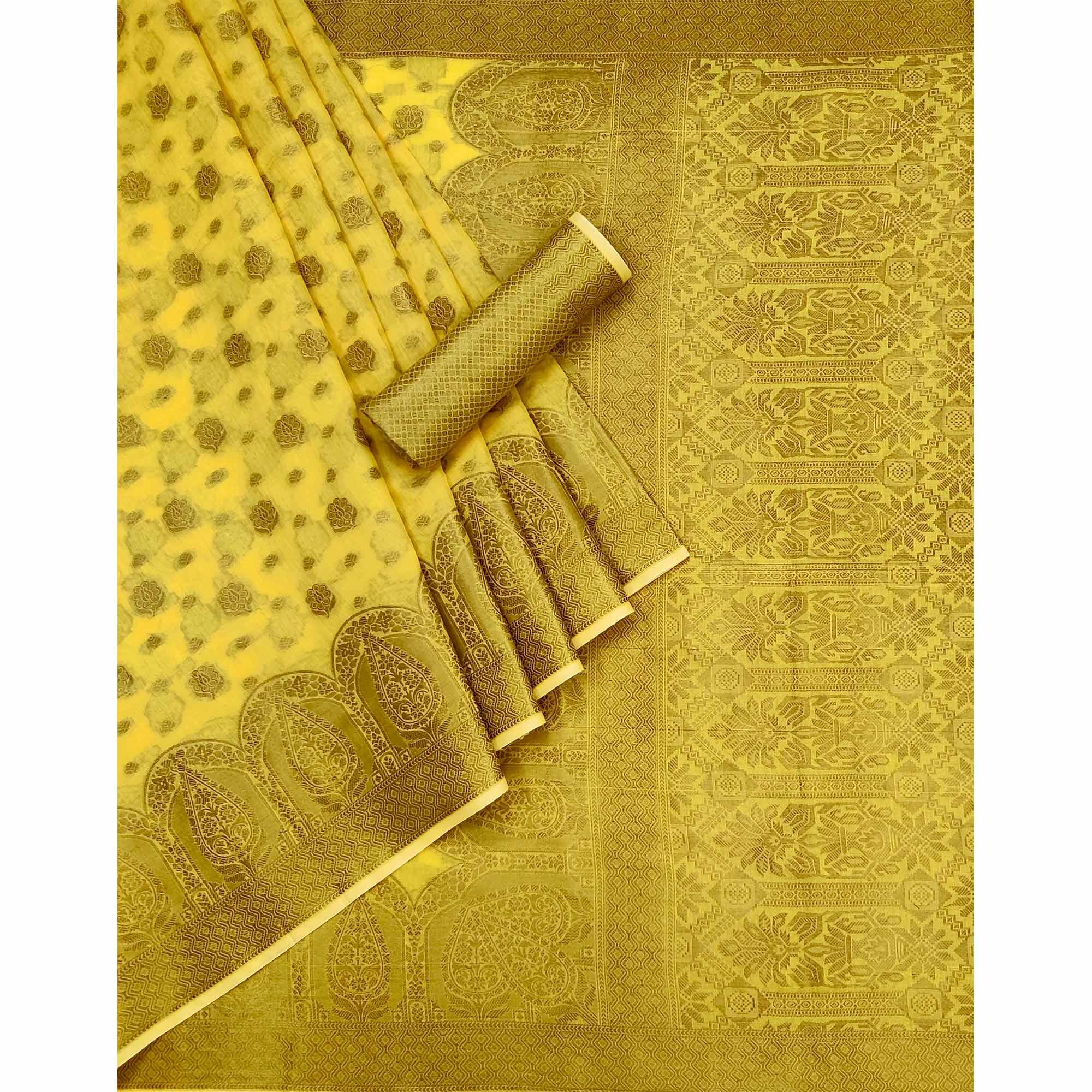 Yellow Woven Poly Cotton Saree - Peachmode