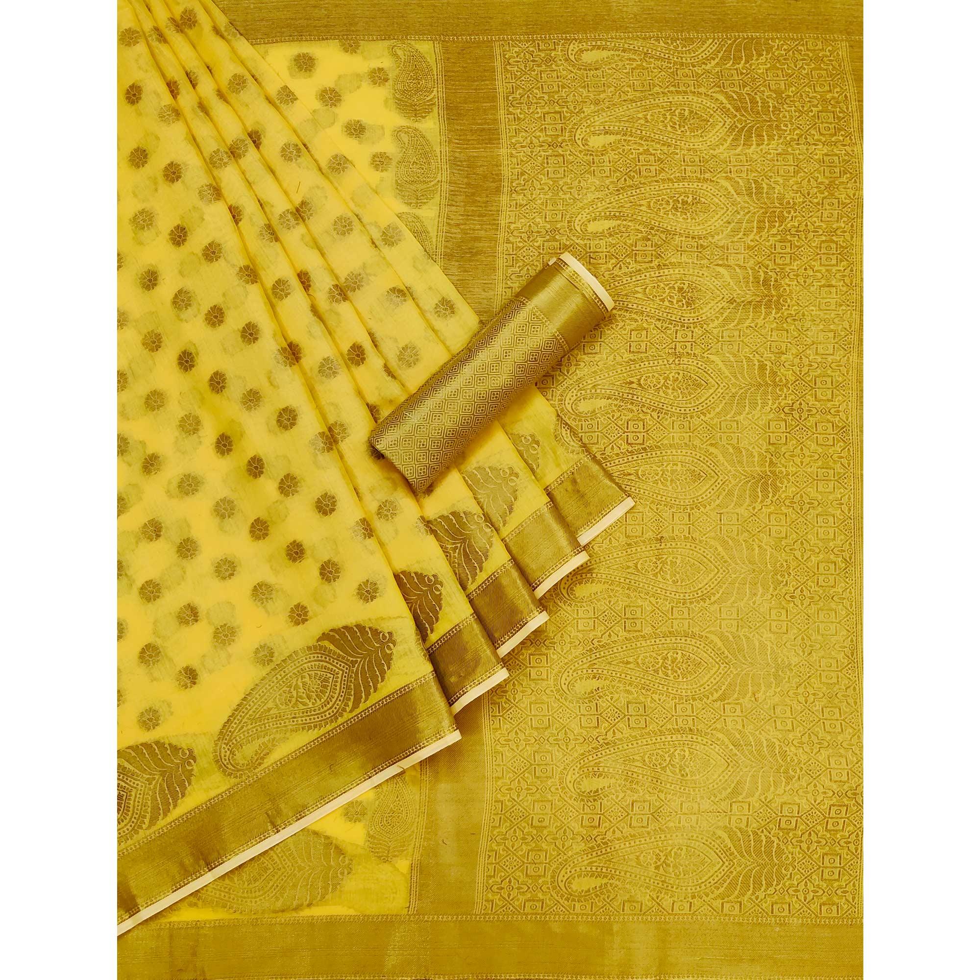 Yellow Woven Poly Cotton Saree - Peachmode