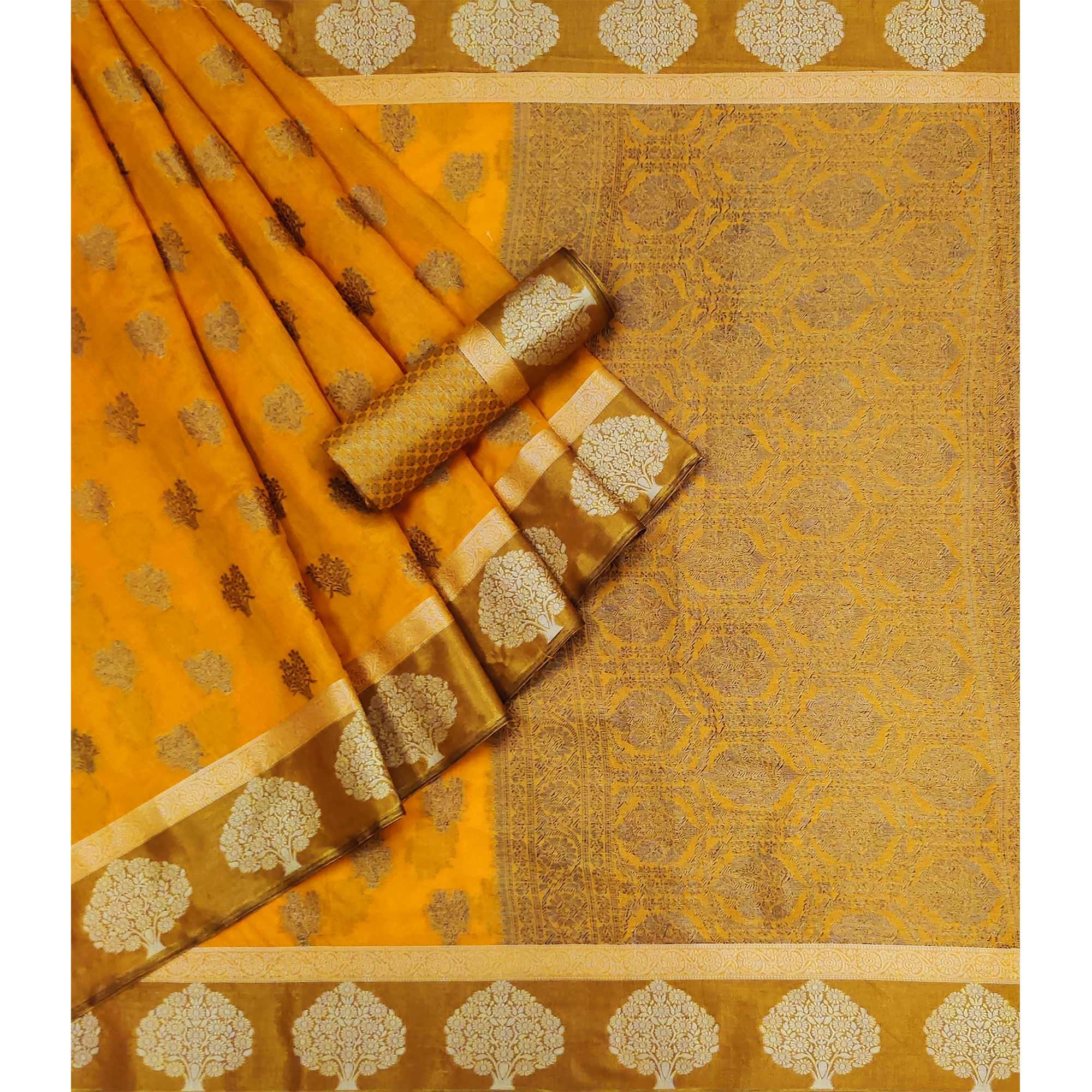 Yellow Woven Poly Cotton Saree - Peachmode