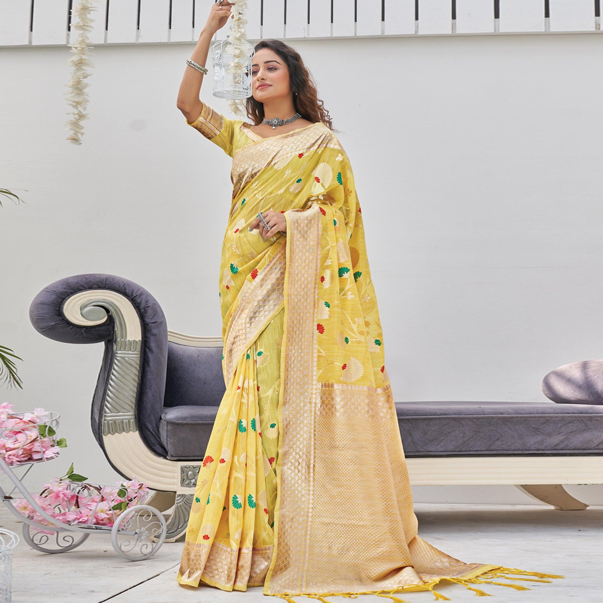 Yellow Woven Poly Cotton Saree With Tassels - Peachmode