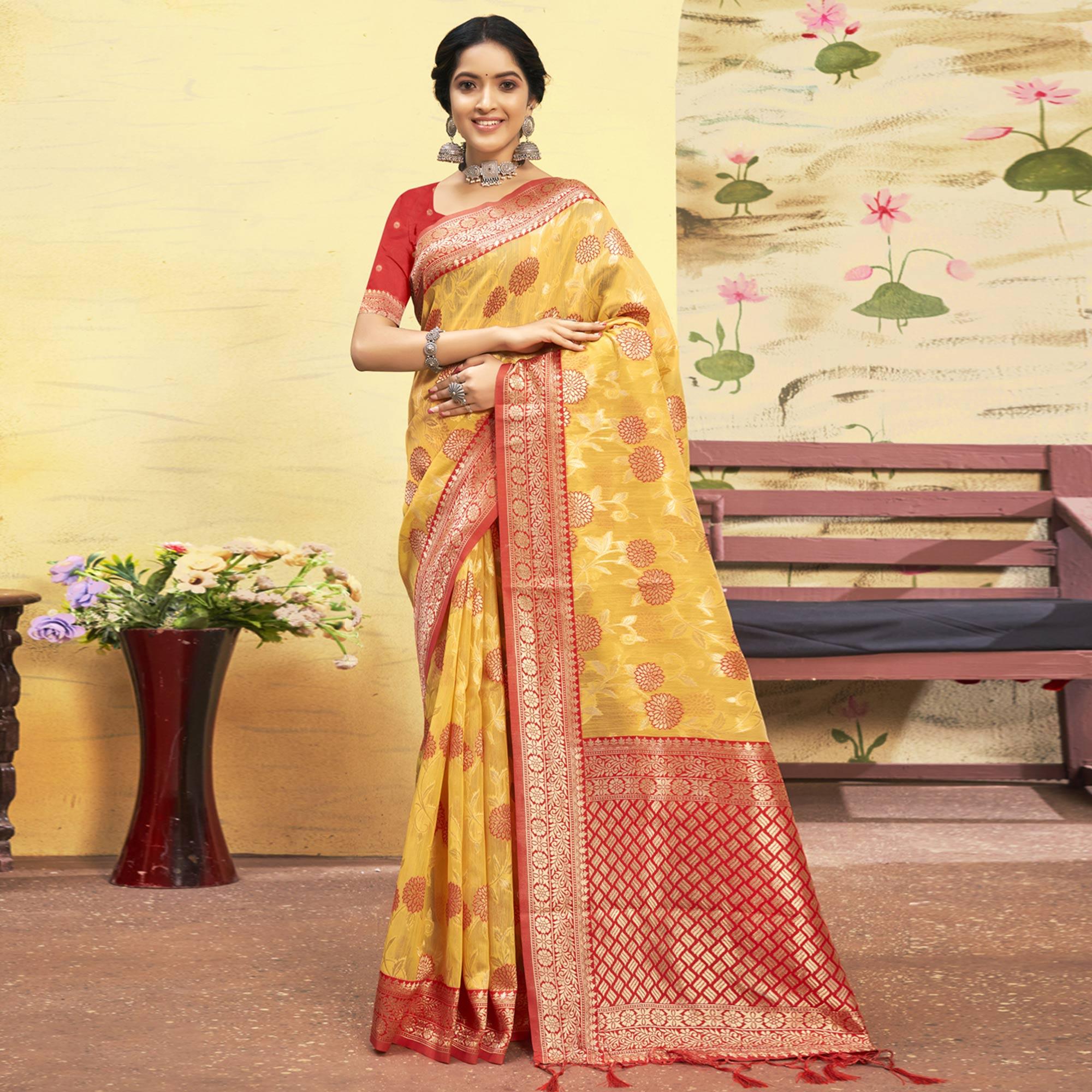 Yellow Woven Poly Cotton Saree With Tassels - Peachmode