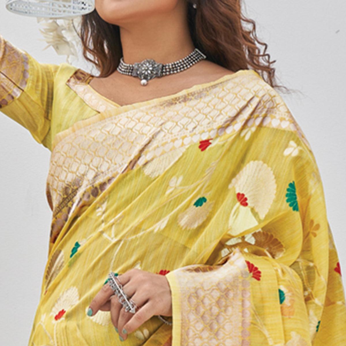 Yellow Woven Poly Cotton Saree With Tassels - Peachmode