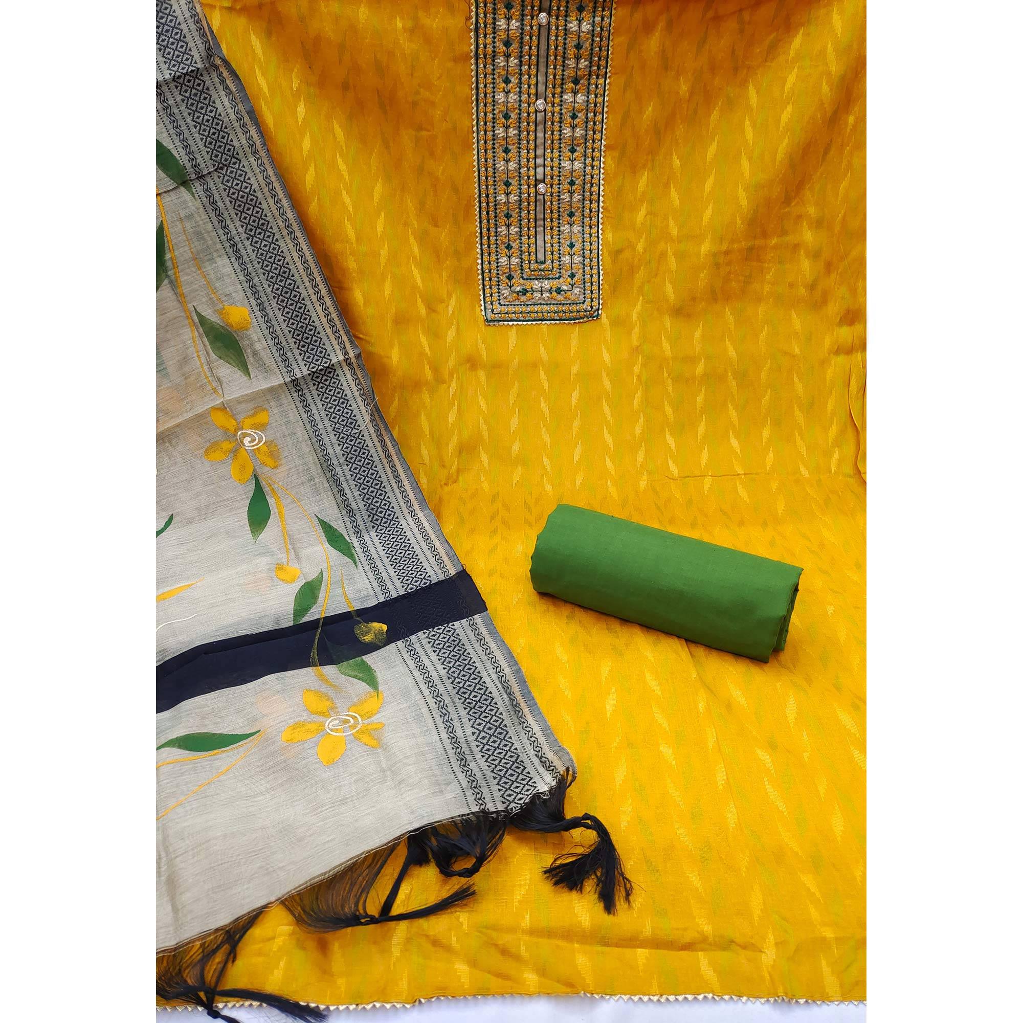 Yellow Woven Pure Cotton Dress Material - Peachmode