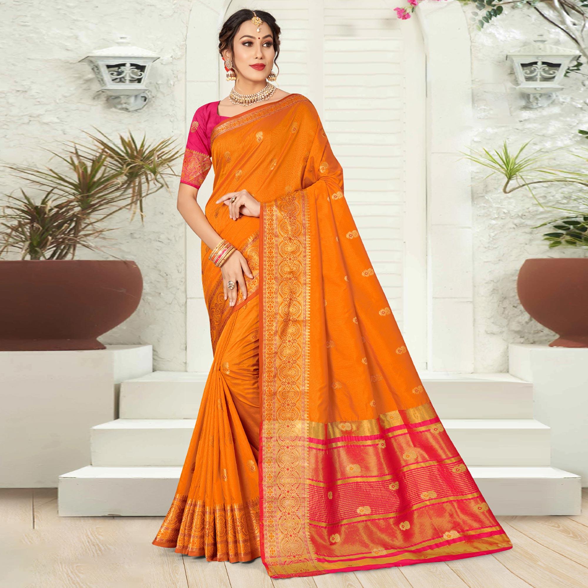 Yellow Woven Pure Silk Saree - Peachmode