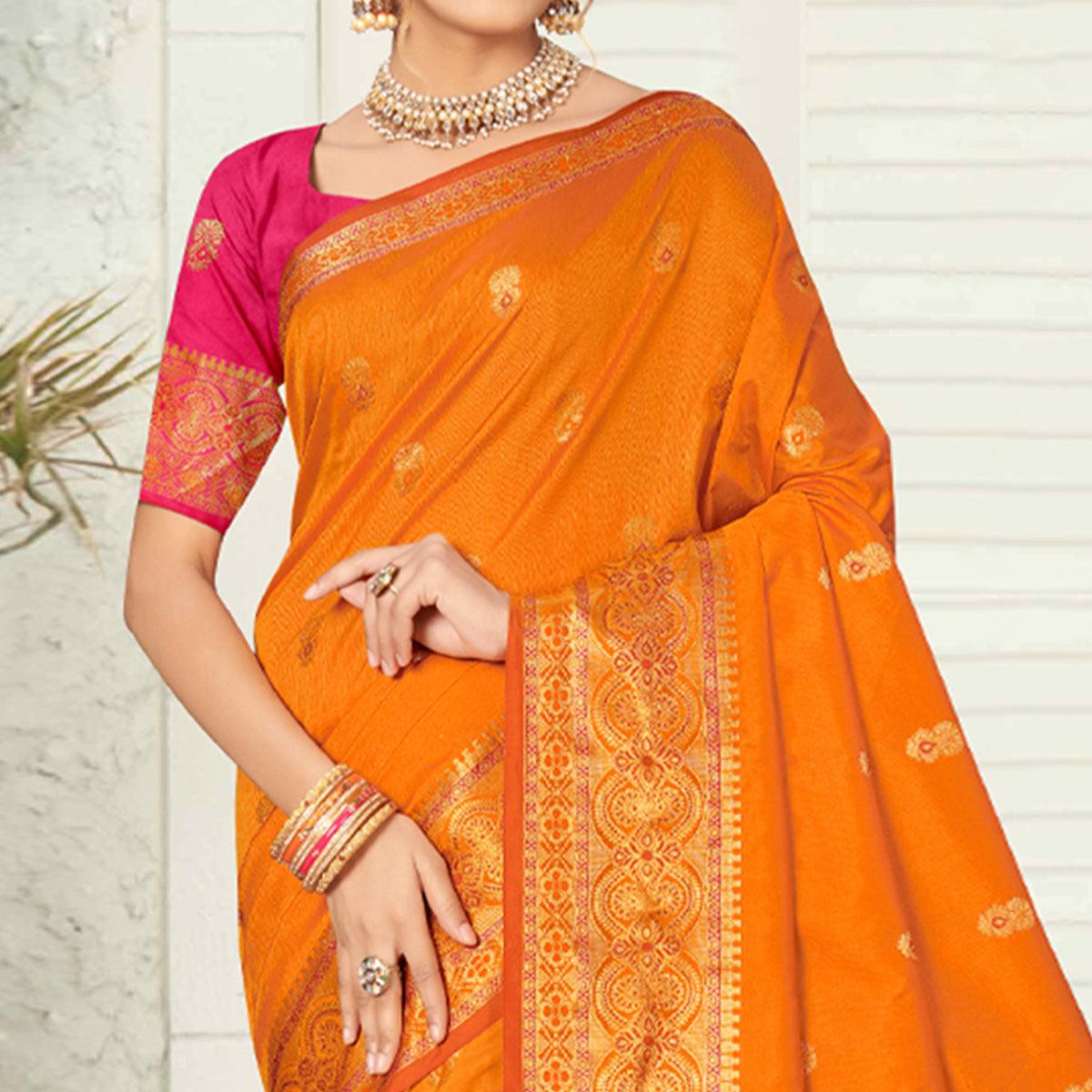 Yellow Woven Pure Silk Saree - Peachmode