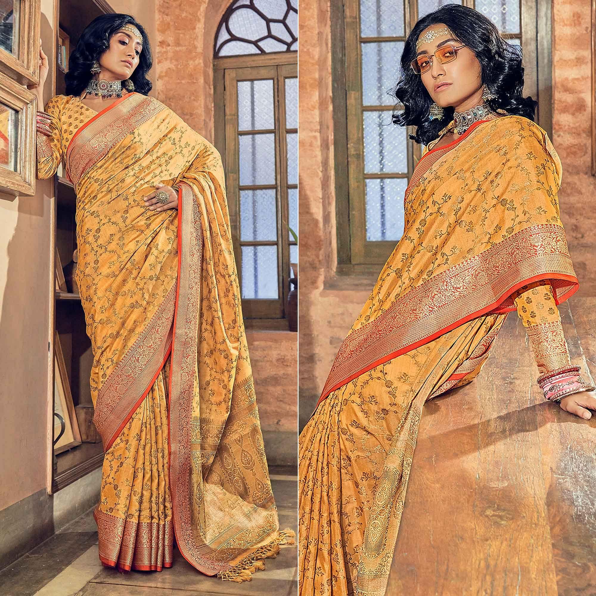 Yellow Woven Pure Silk Saree With Tassels - Peachmode