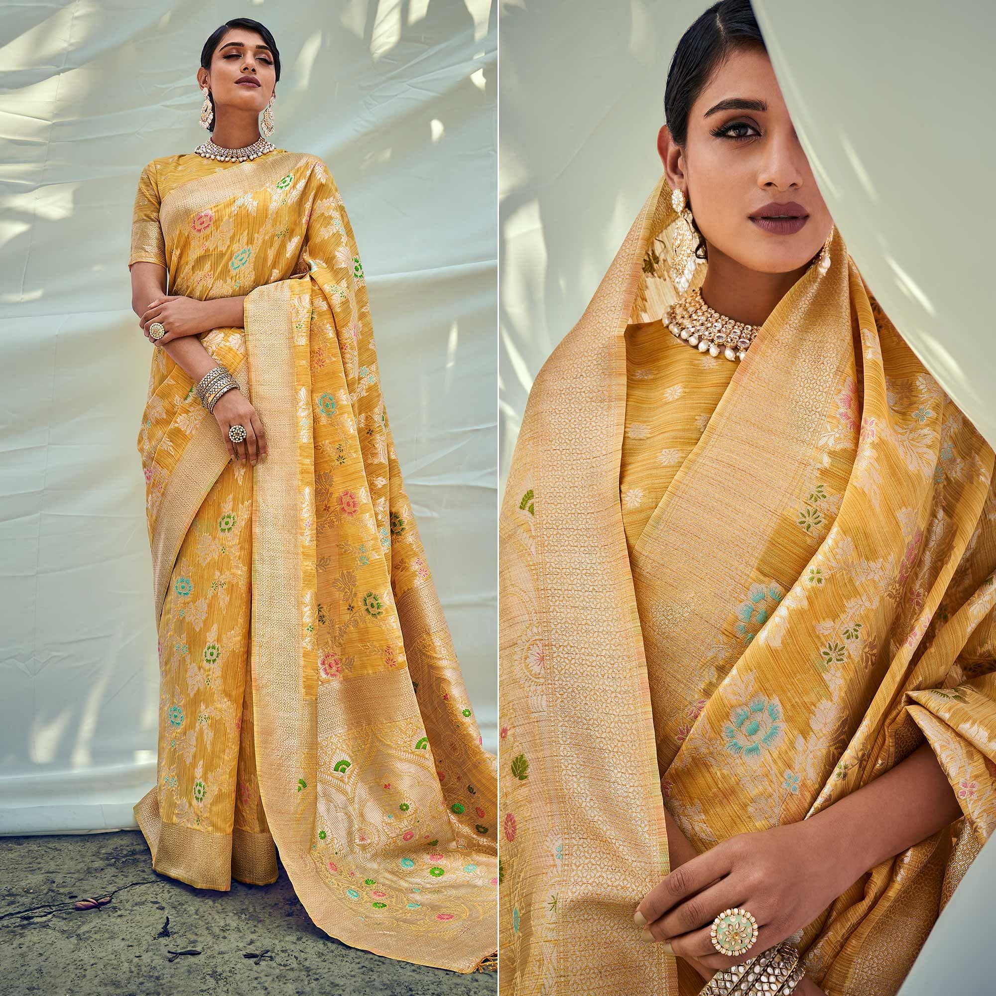 Yellow Woven Pure Silk Saree With Tassels - Peachmode