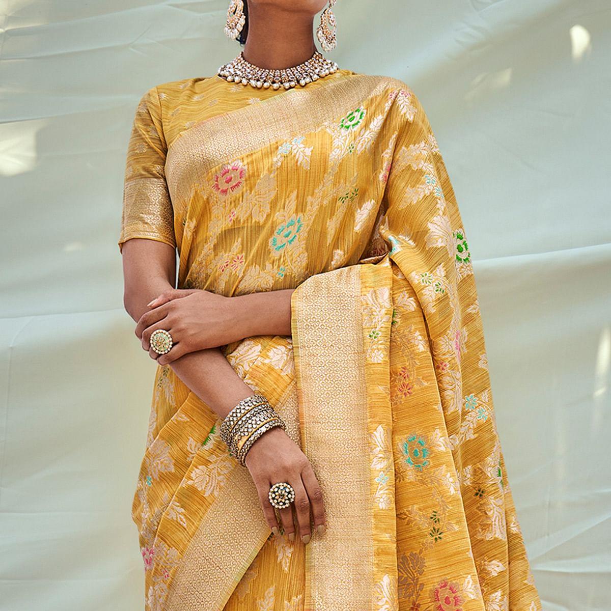 Yellow Woven Pure Silk Saree With Tassels - Peachmode