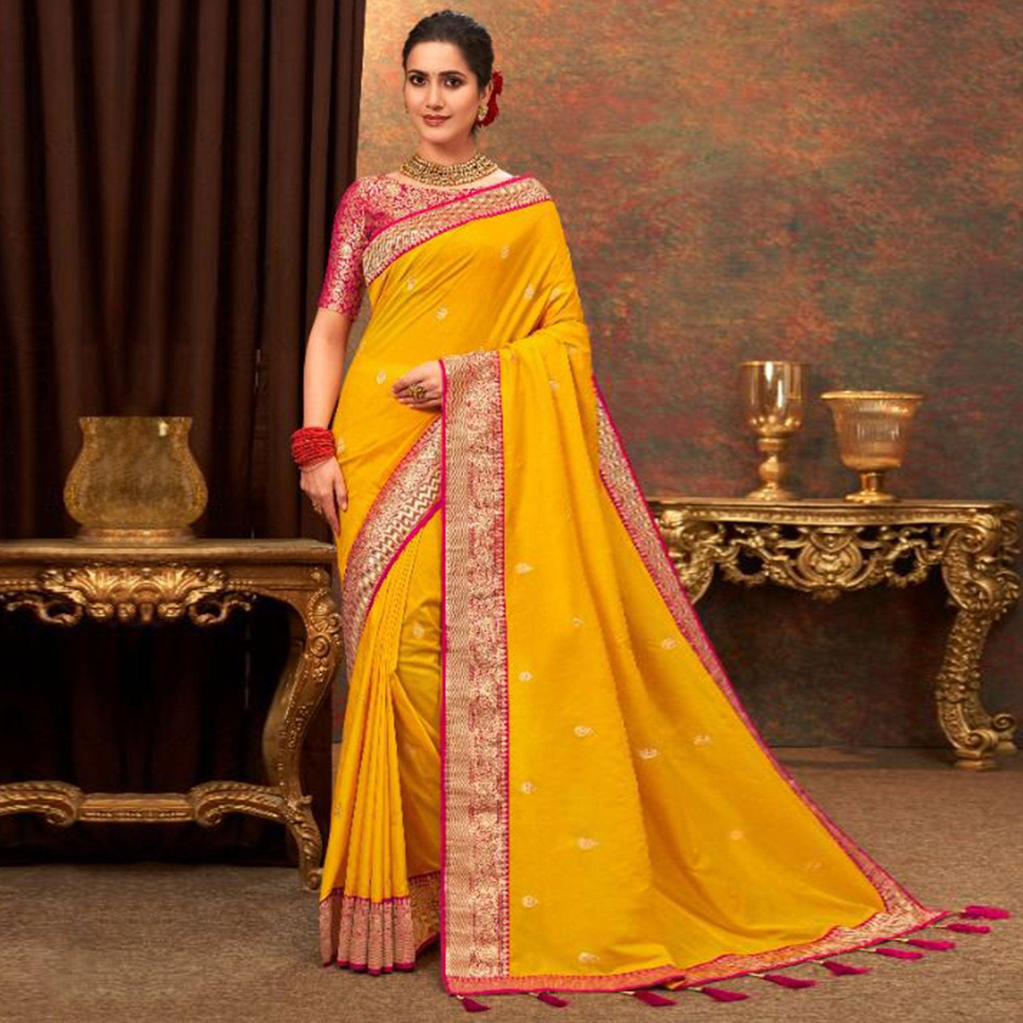Yellow Woven Pure Silk Saree With Tassels - Peachmode