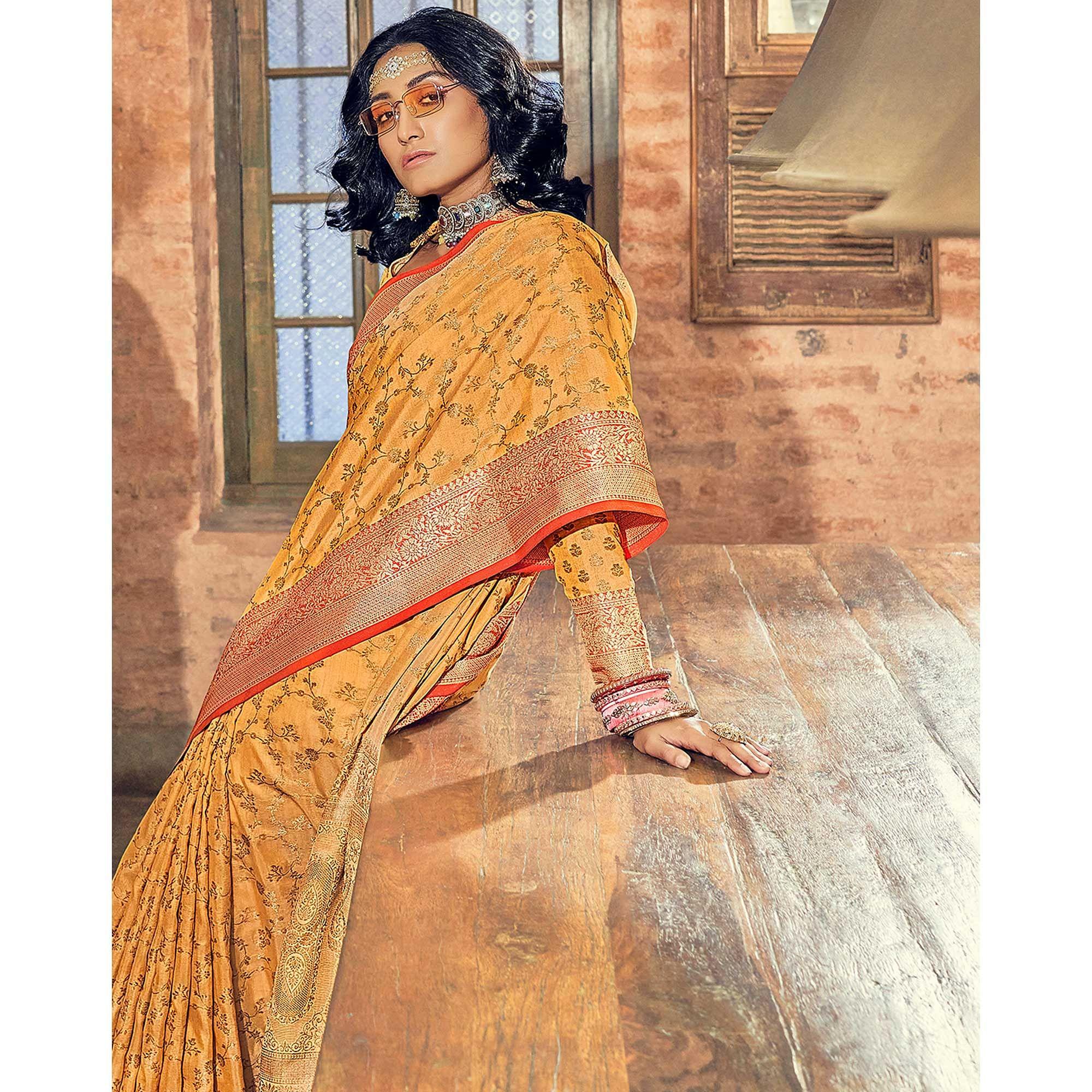 Yellow Woven Pure Silk Saree With Tassels - Peachmode