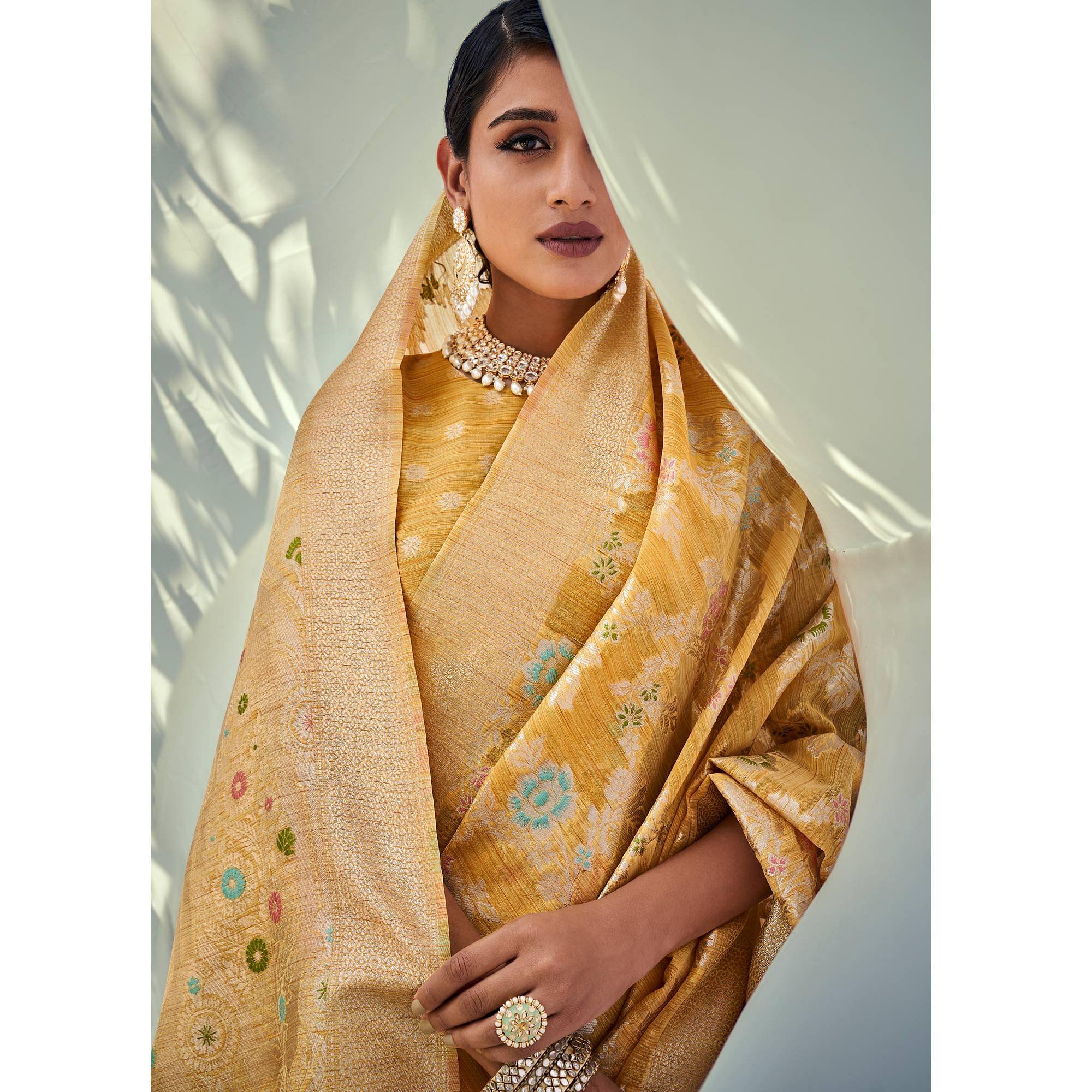 Yellow Woven Pure Silk Saree With Tassels - Peachmode