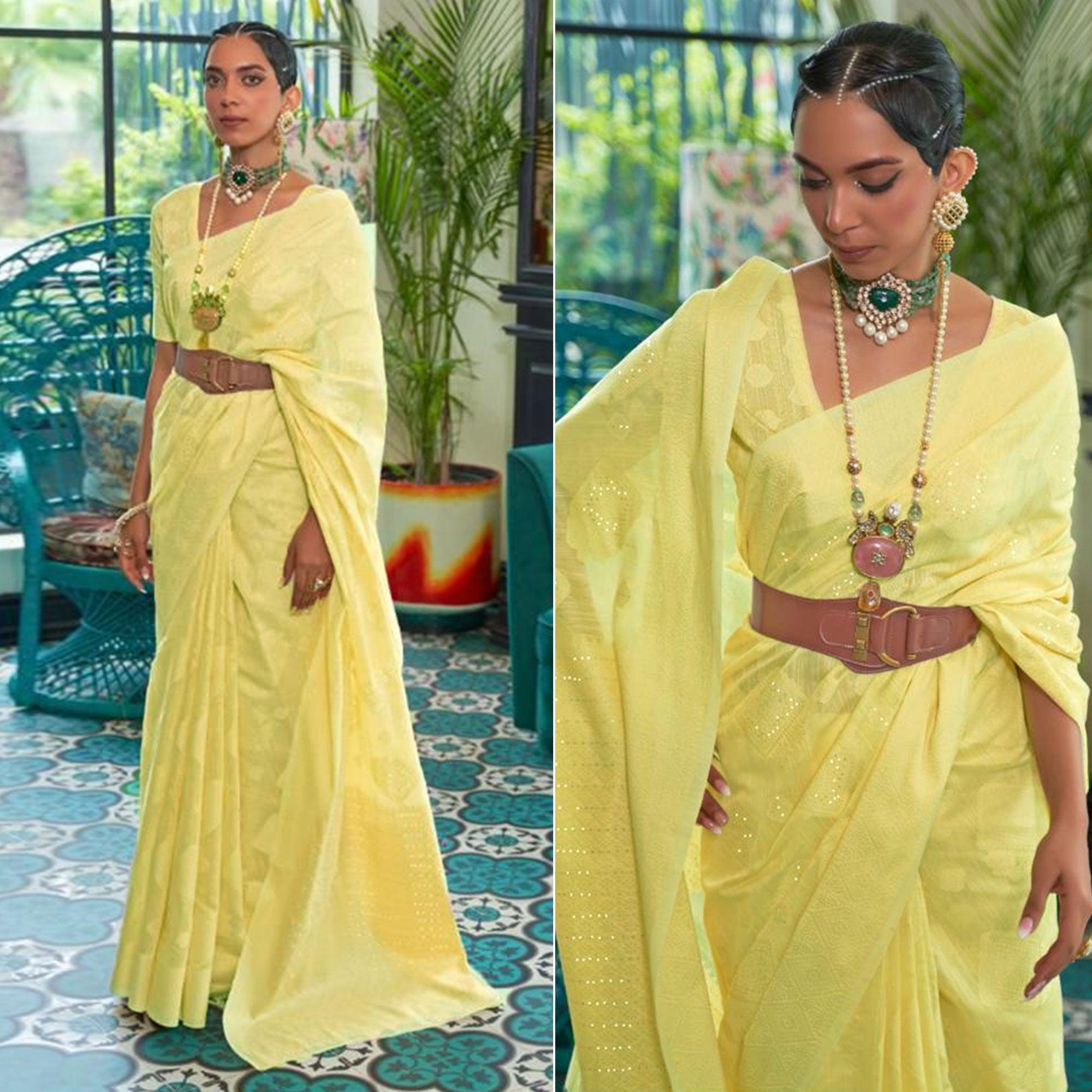 Yellow Woven-Sequence Handloom Silk Saree - Peachmode