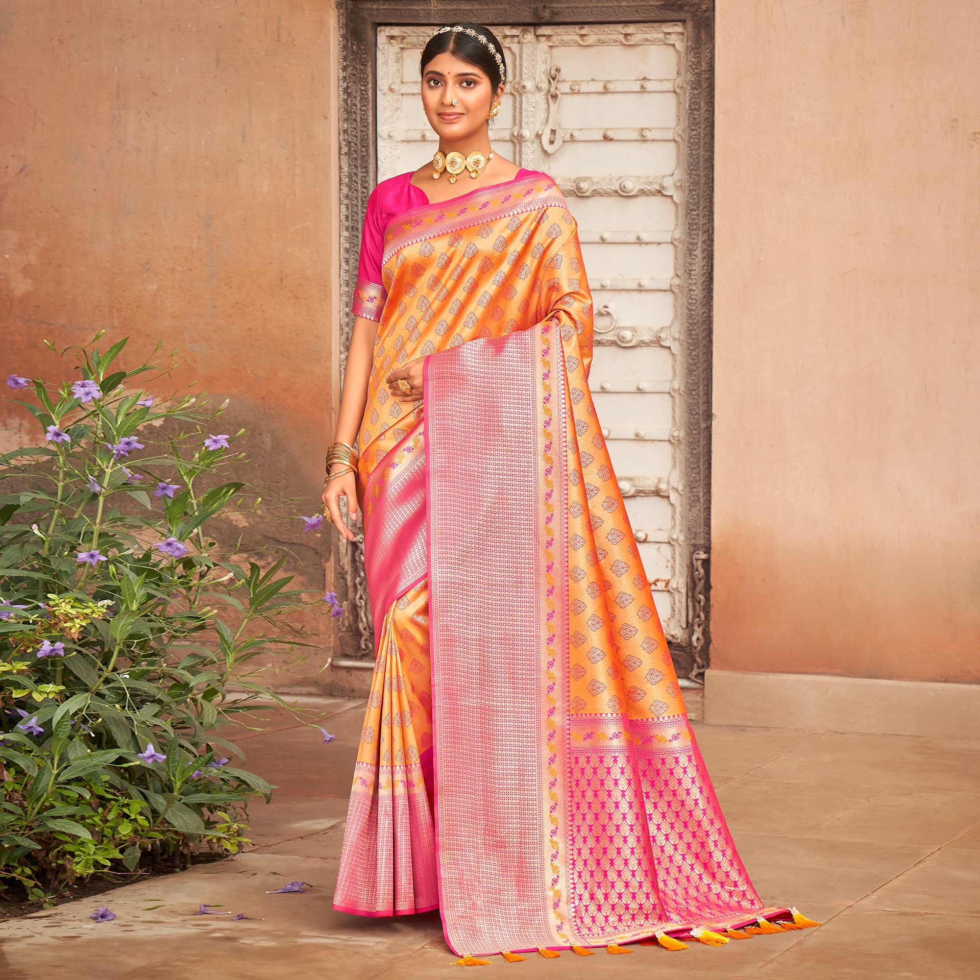Yellow Woven Silk Saree With Tassels - Peachmode