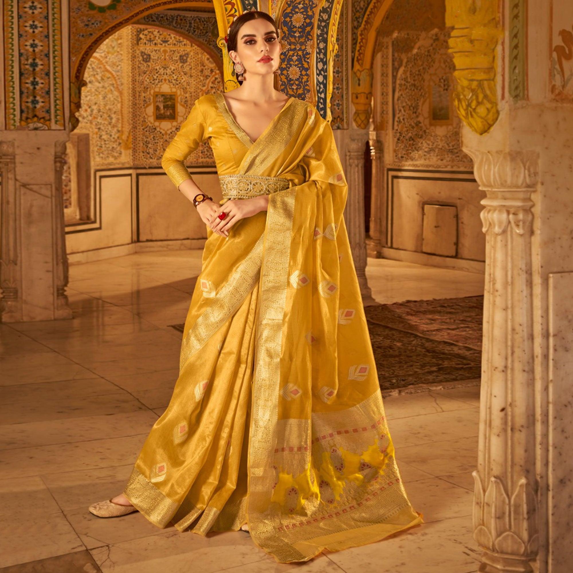 Yellow Woven Tissue Silk Saree - Peachmode