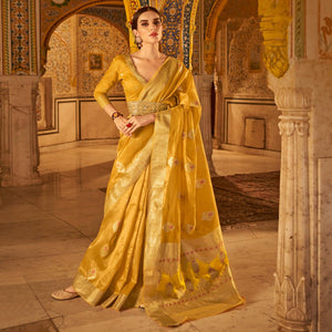 Yellow Woven Tissue Silk Saree - Peachmode