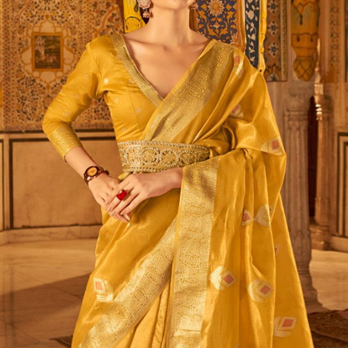 Yellow Woven Tissue Silk Saree - Peachmode