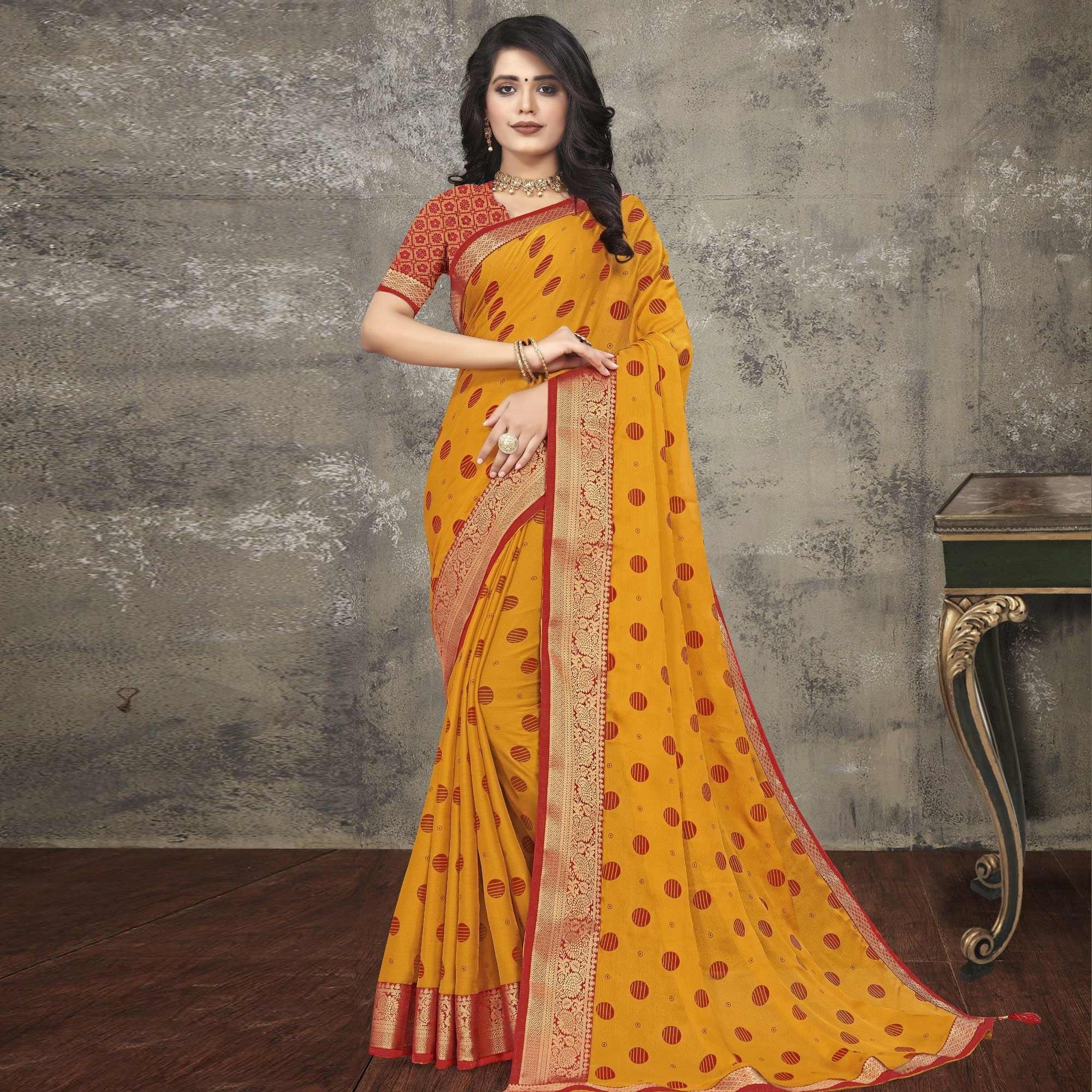 Yellow Woven Vichitra Silk Saree - Peachmode