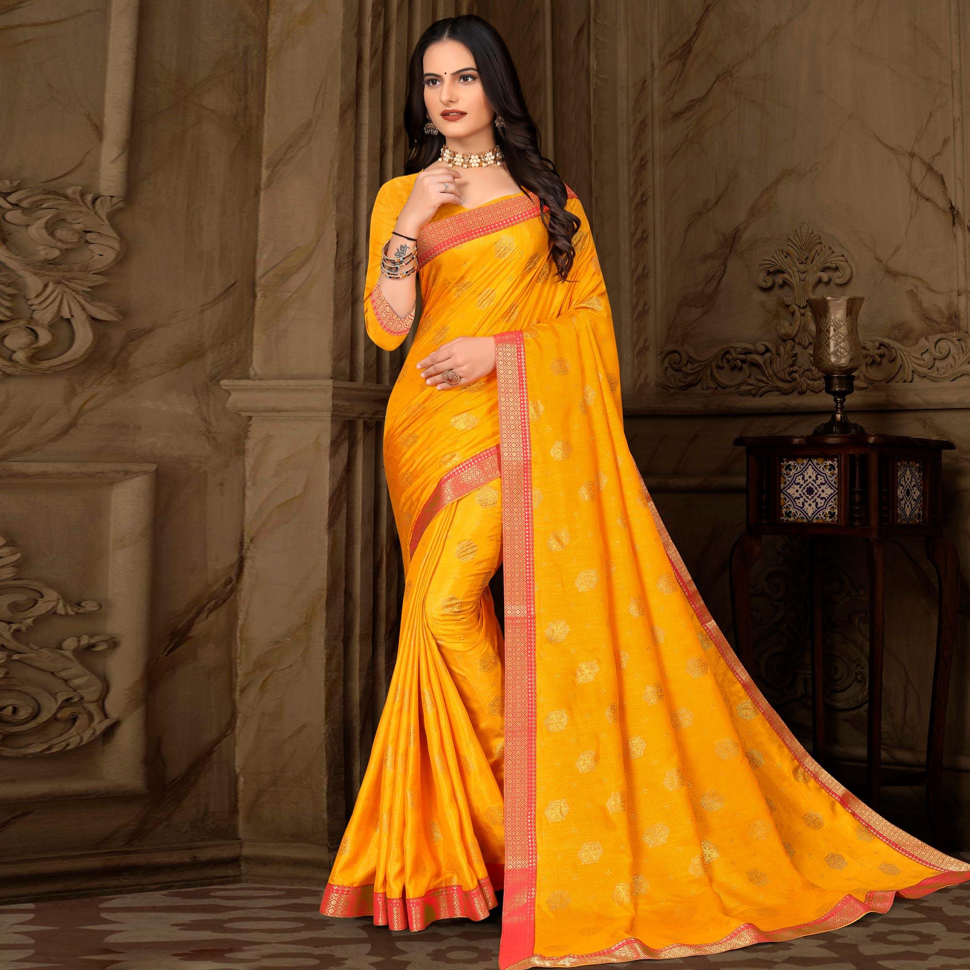 Yellow Woven Vichitra Silk Saree - Peachmode