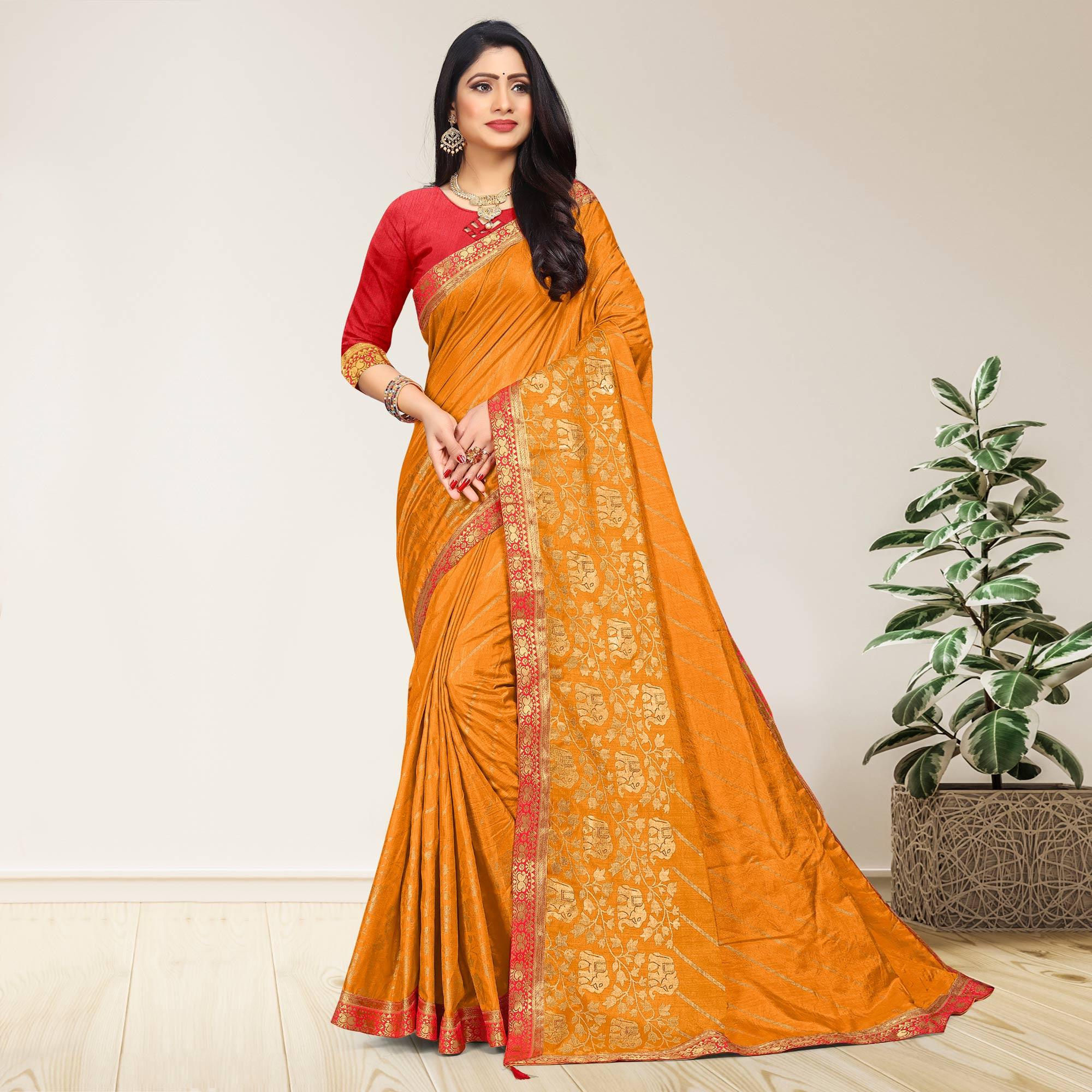 Yellow Woven Vichitra Silk Saree - Peachmode