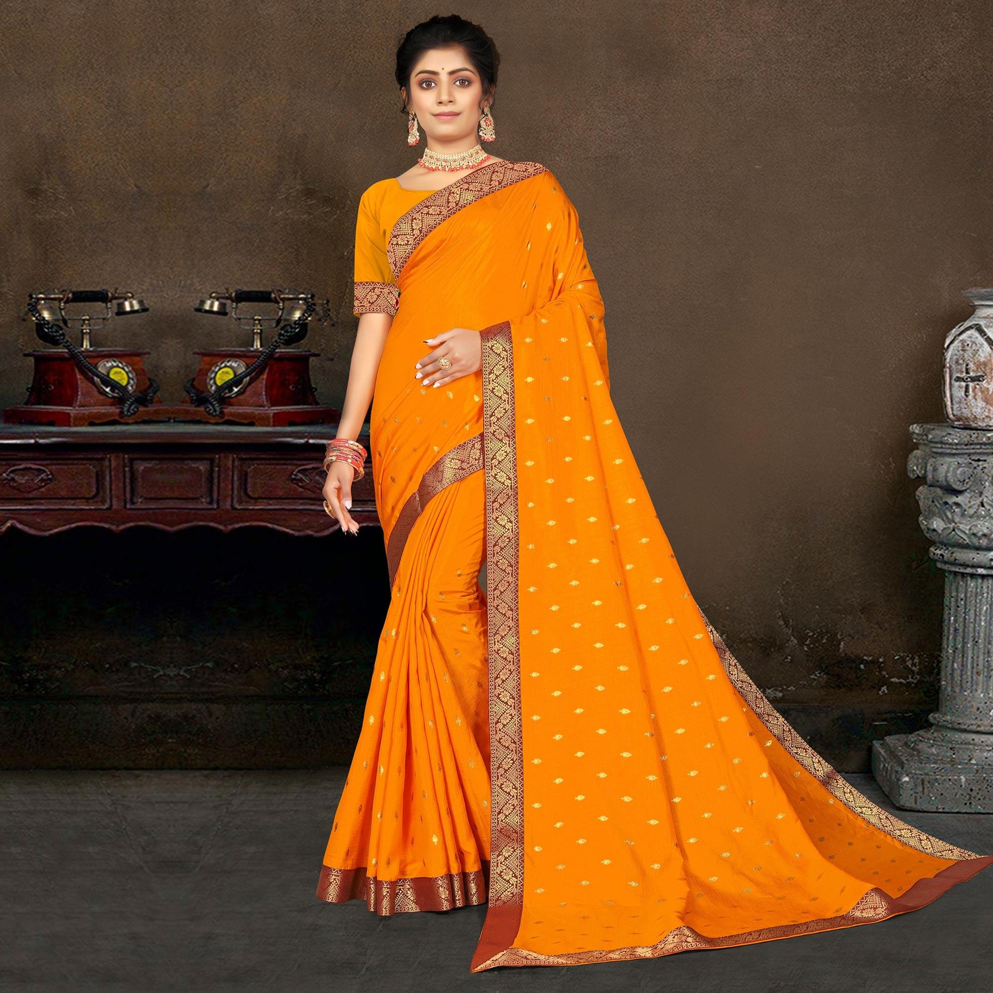 Yellow Woven Vichitra Silk Saree - Peachmode