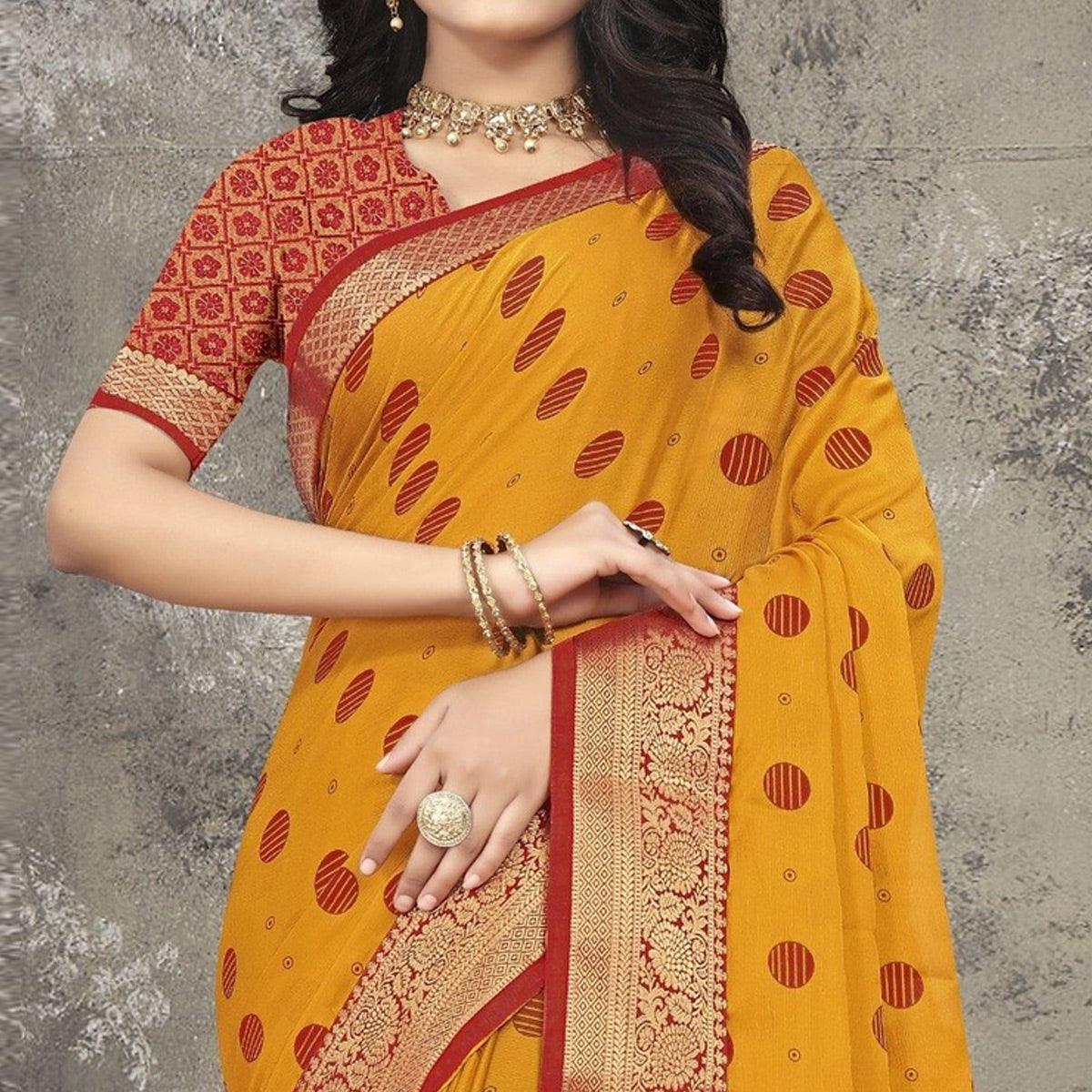 Yellow Woven Vichitra Silk Saree - Peachmode