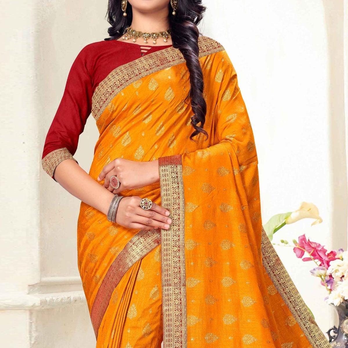 Yellow Woven Vichitra Silk Saree - Peachmode
