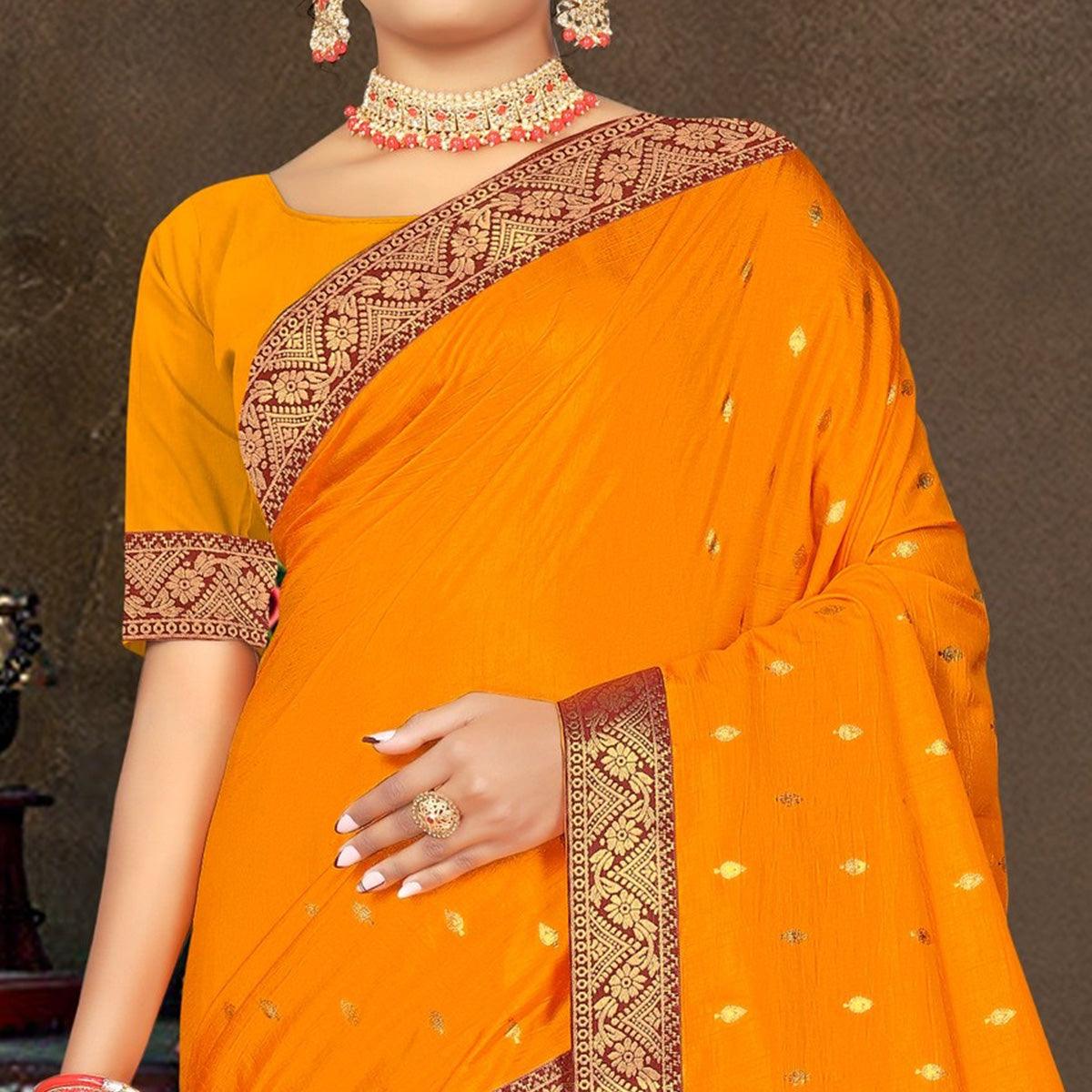 Yellow Woven Vichitra Silk Saree - Peachmode