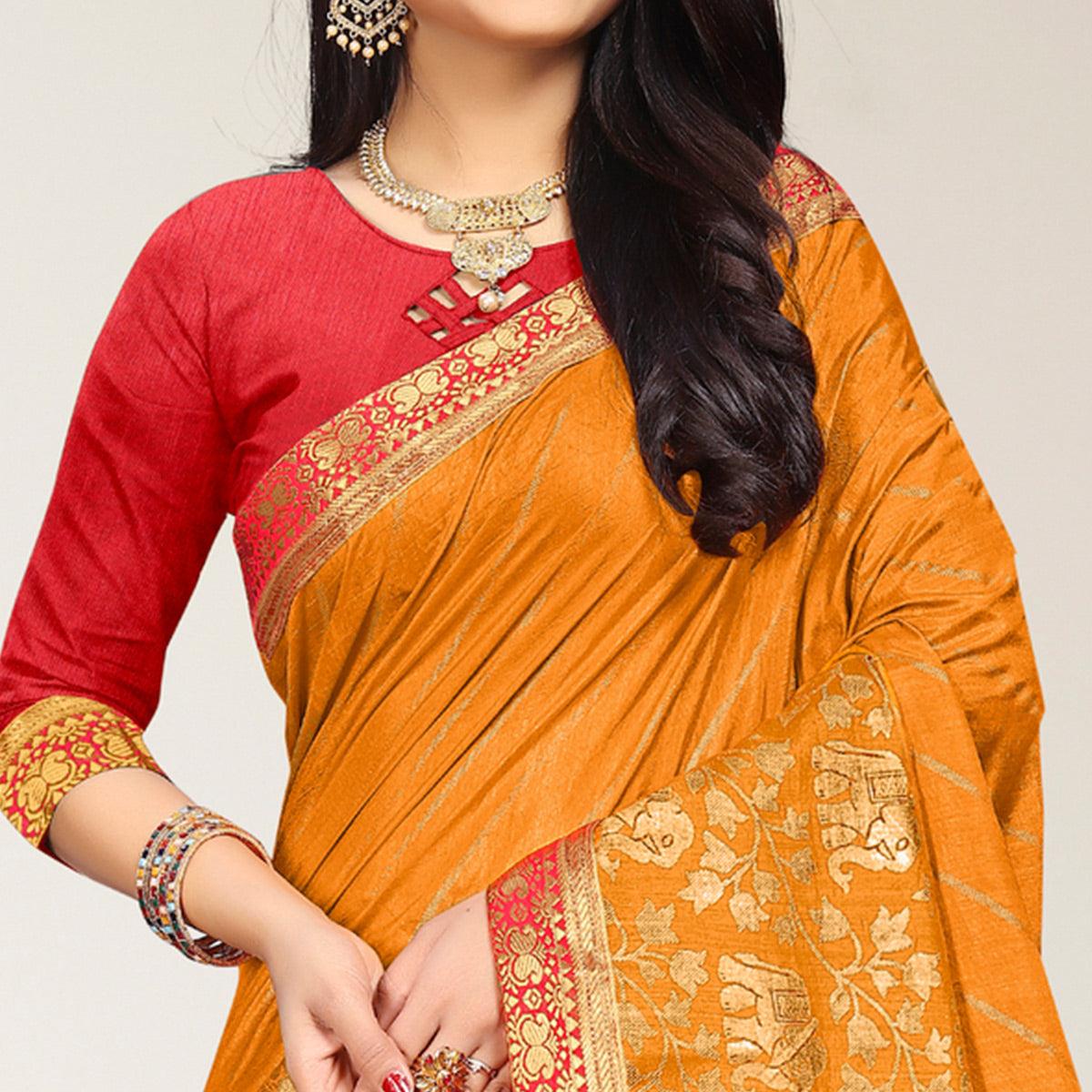 Yellow Woven Vichitra Silk Saree - Peachmode