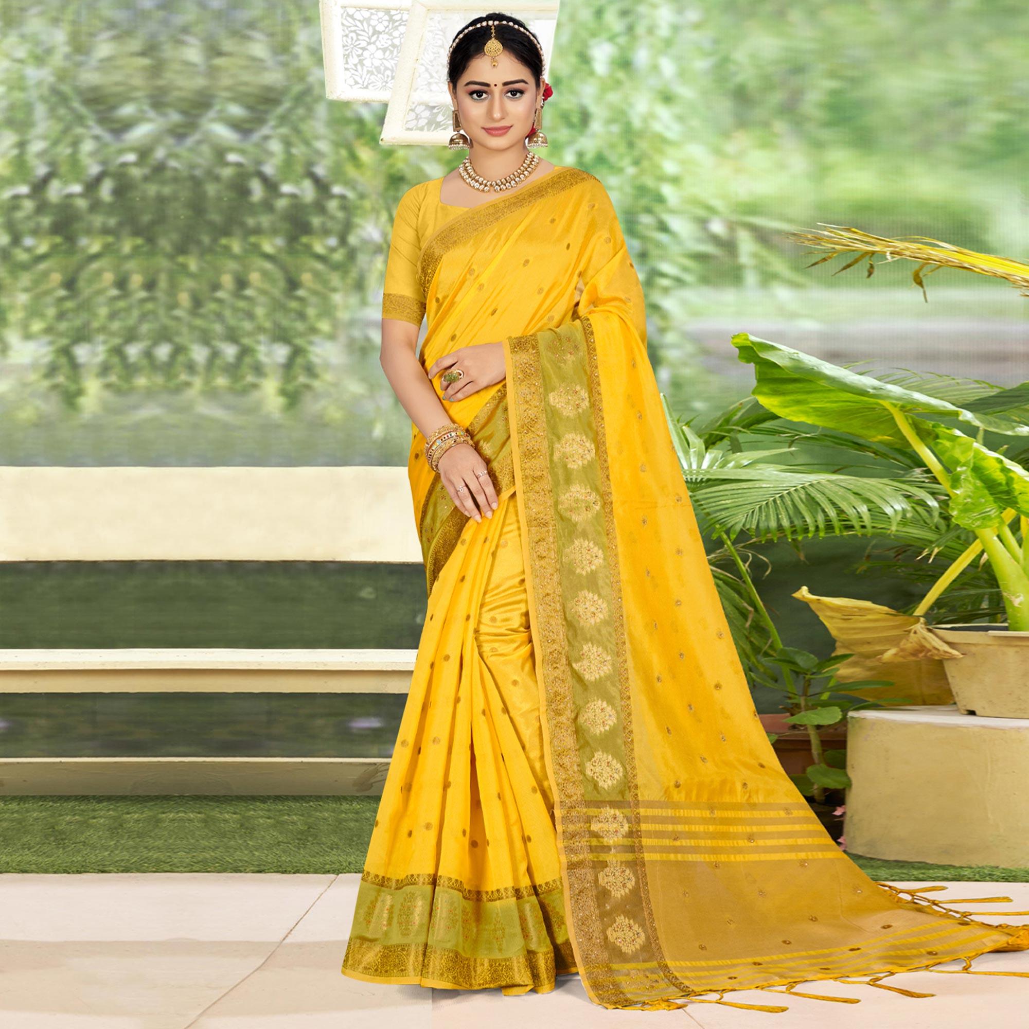 Yellow Woven With Embellished Organza Saree With Tassels - Peachmode