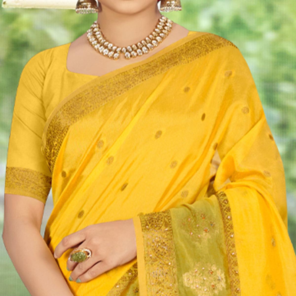 Yellow Woven With Embellished Organza Saree With Tassels - Peachmode