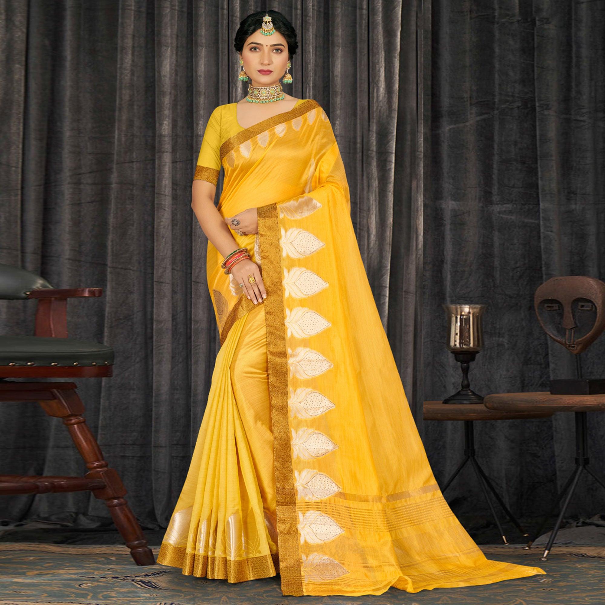 Yellow Woven With Embellished Poly Cotton Saree - Peachmode