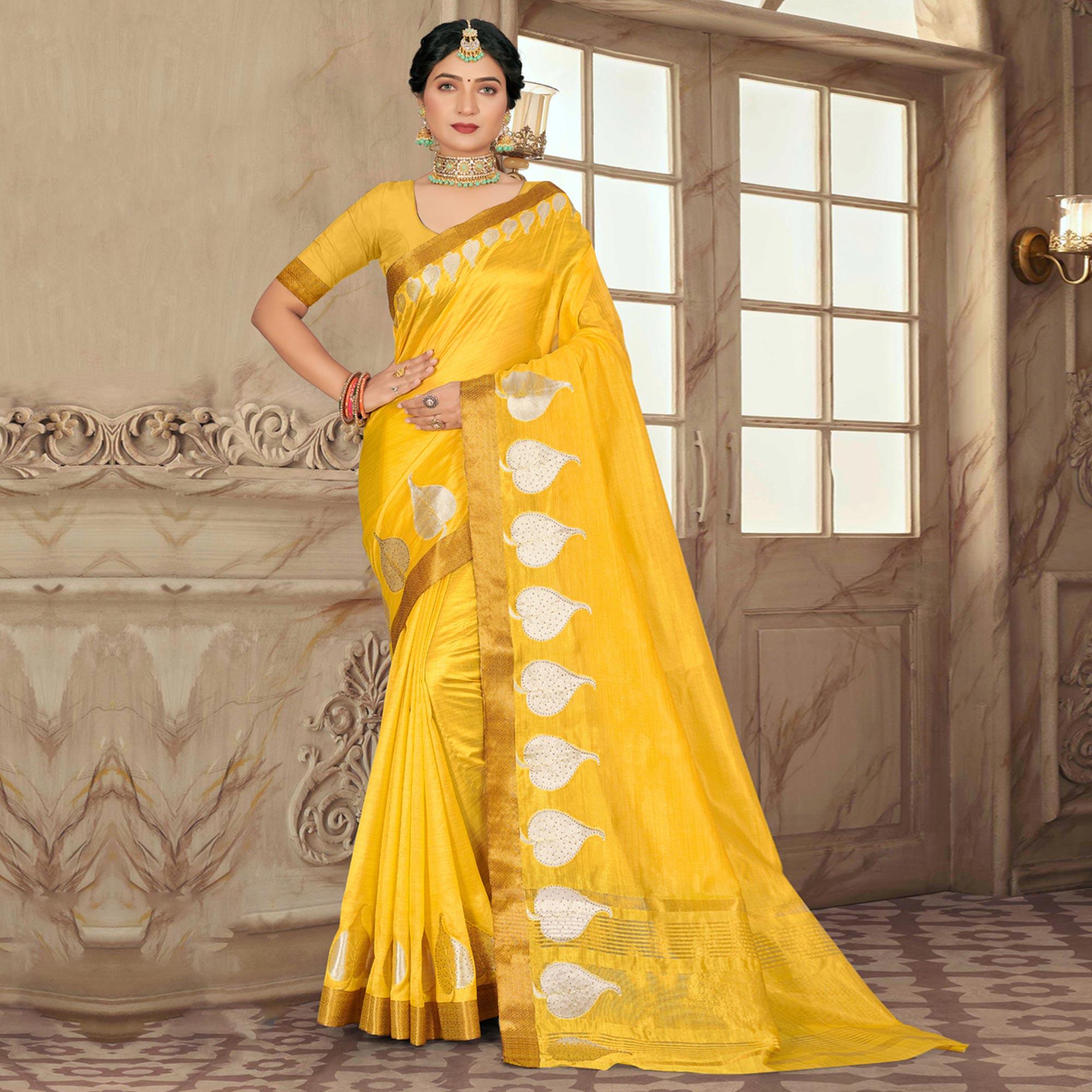 Yellow Woven With Embellished Poly Cotton Saree - Peachmode