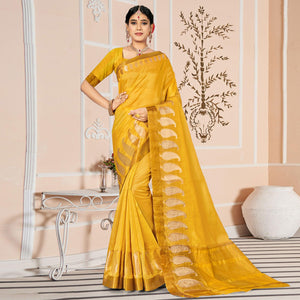 Yellow Woven With Embellished Poly Cotton Saree - Peachmode
