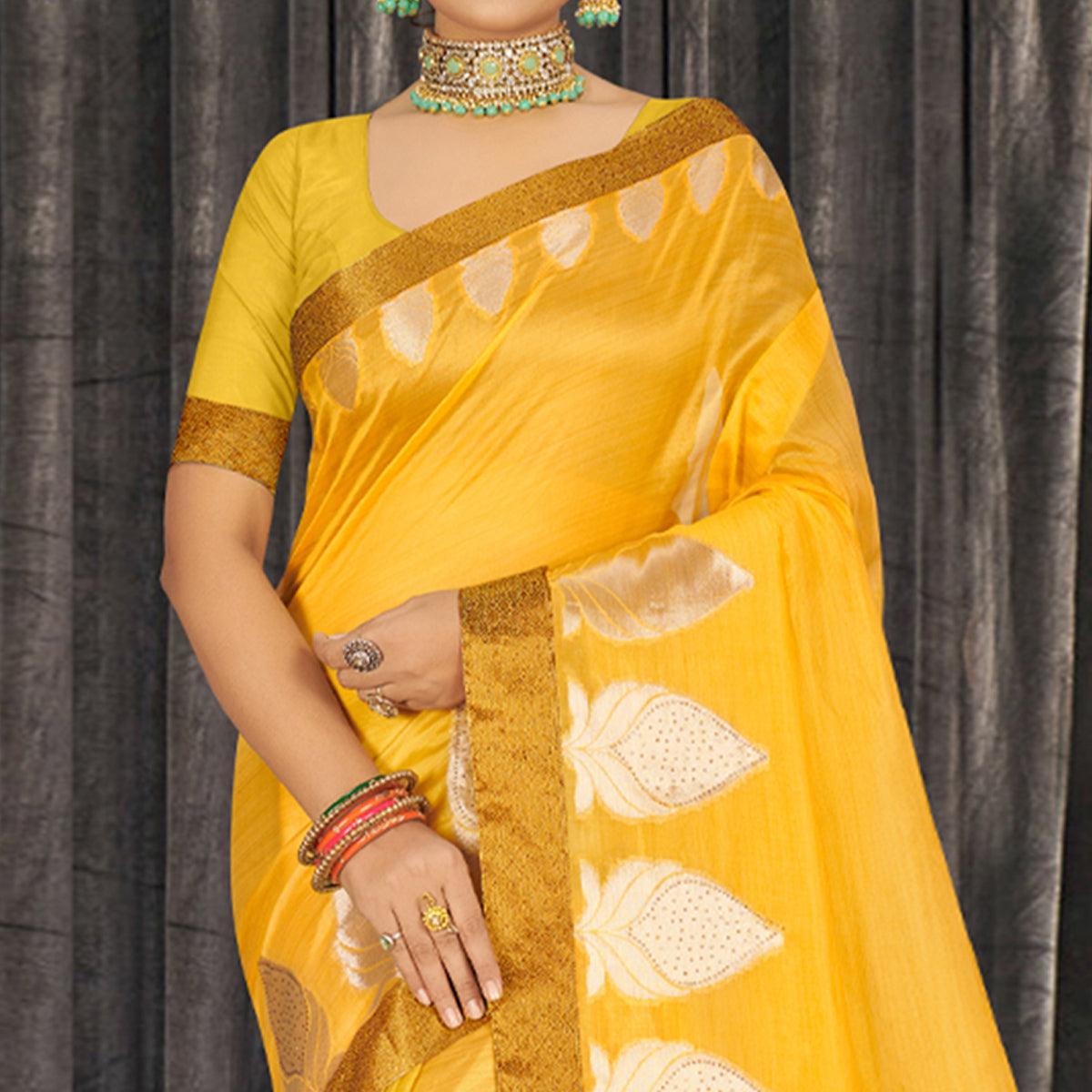 Yellow Woven With Embellished Poly Cotton Saree - Peachmode
