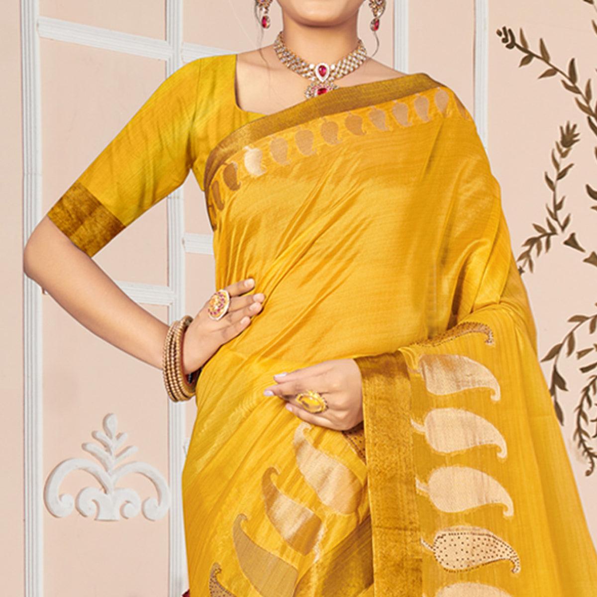 Yellow Woven With Embellished Poly Cotton Saree - Peachmode