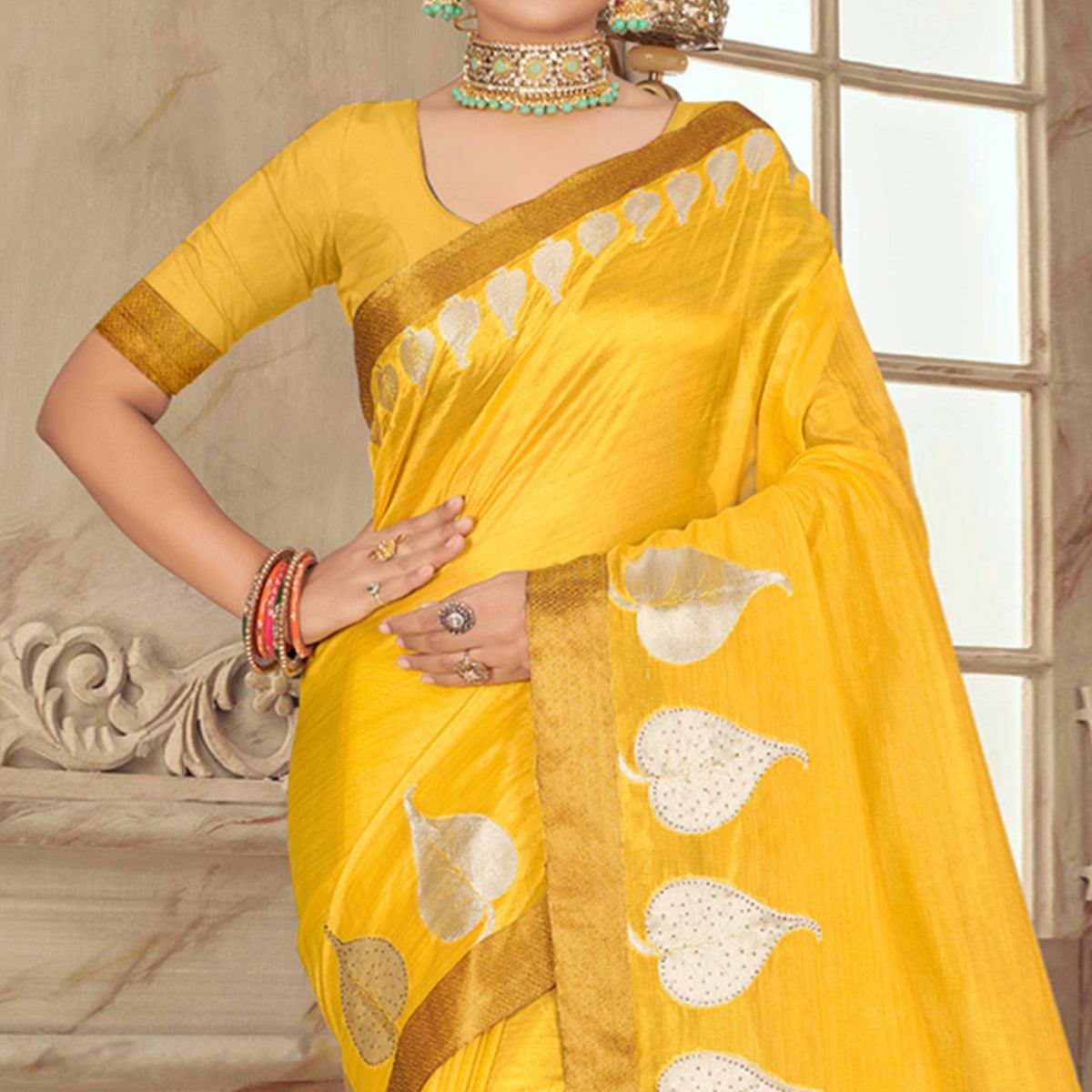 Yellow Woven With Embellished Poly Cotton Saree - Peachmode