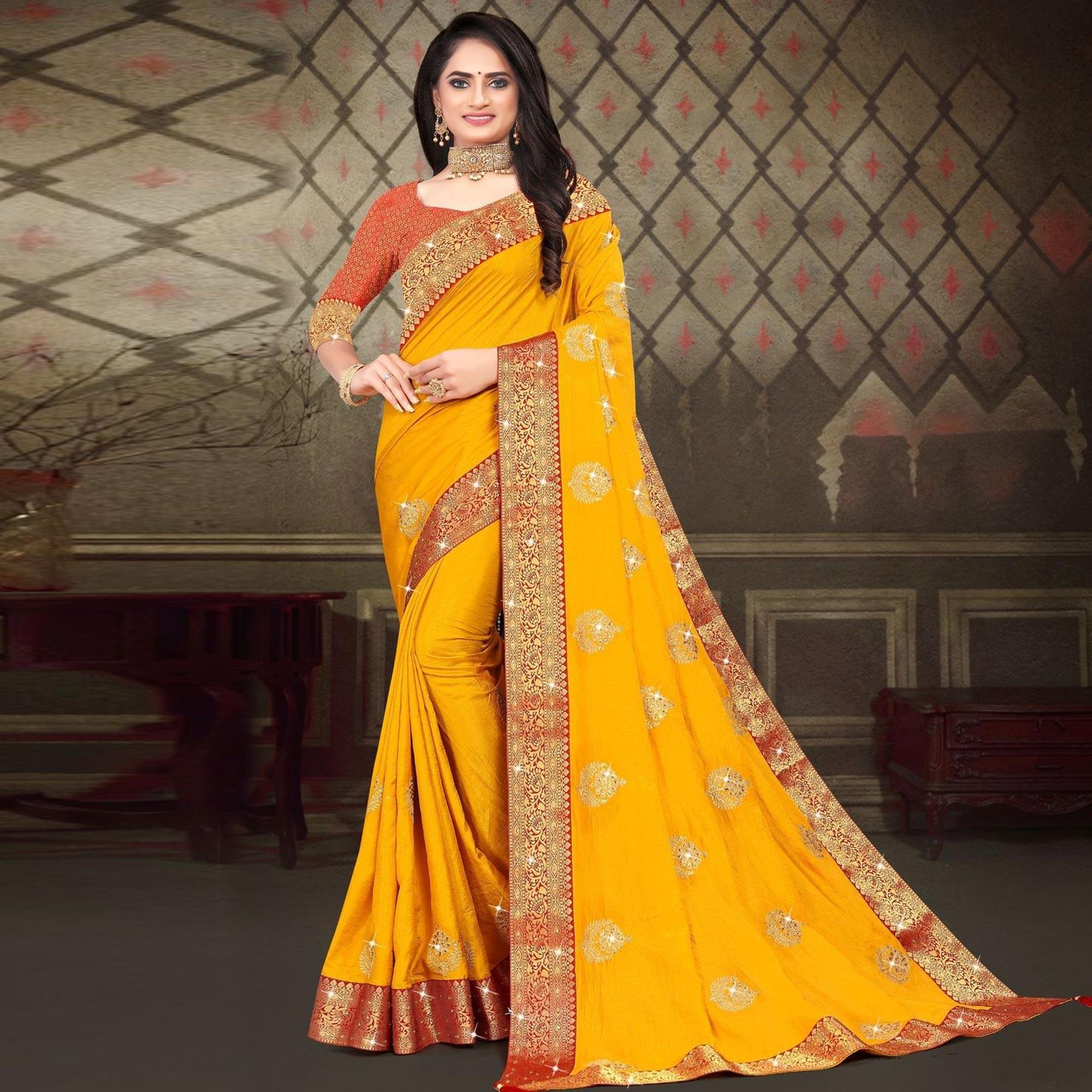 Yellow Woven With Embellished Vichitra Silk Saree - Peachmode