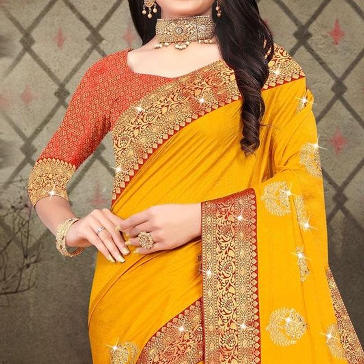 Yellow Woven With Embellished Vichitra Silk Saree - Peachmode