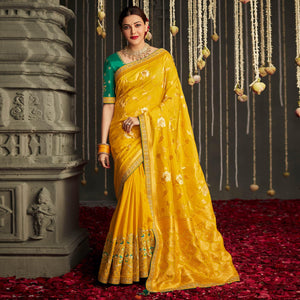 Yellow Woven With Embroidered Art Silk Saree With Tassels - Peachmode