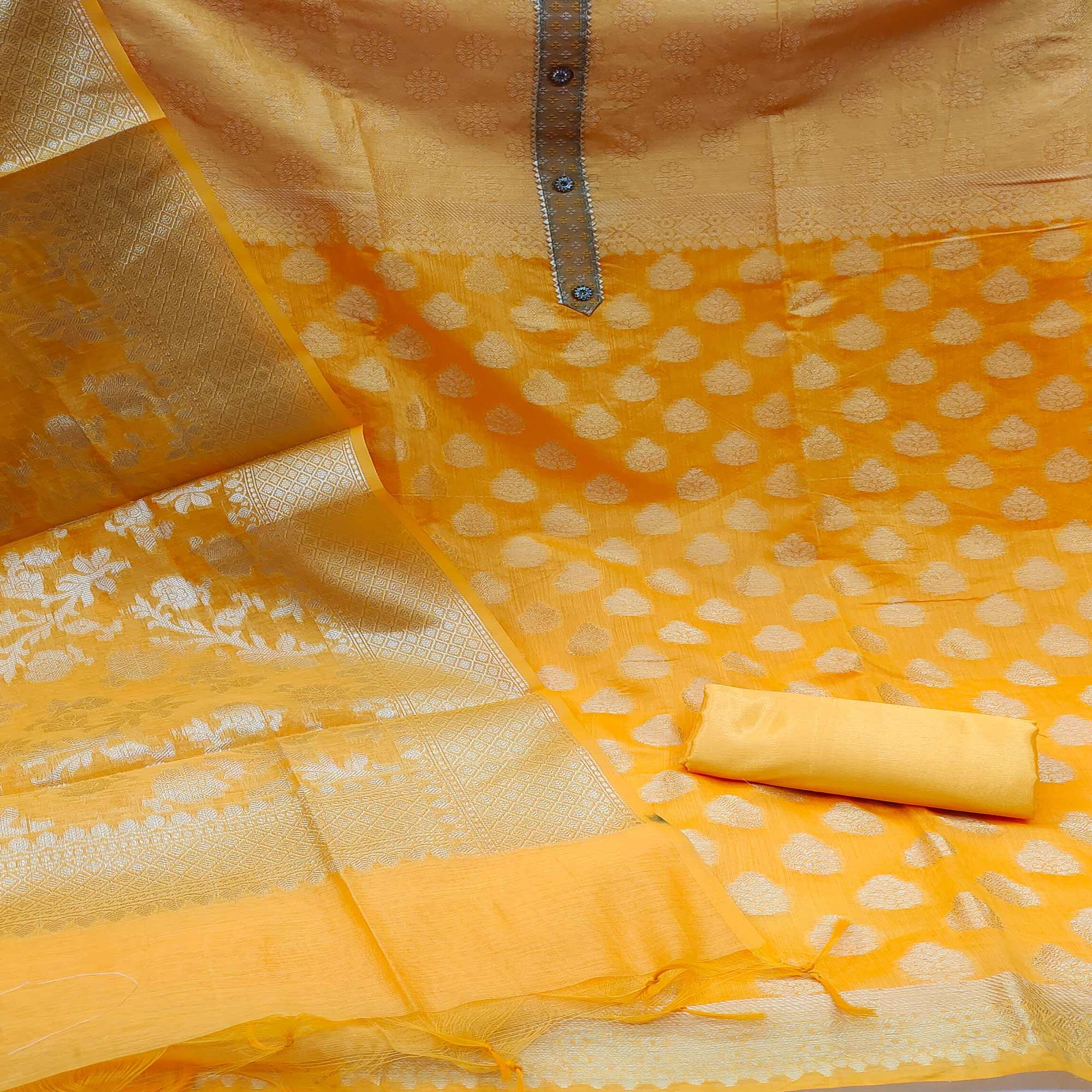 Yellow Woven With Gota Patti Work Banarasi Silk Dress Material - Peachmode