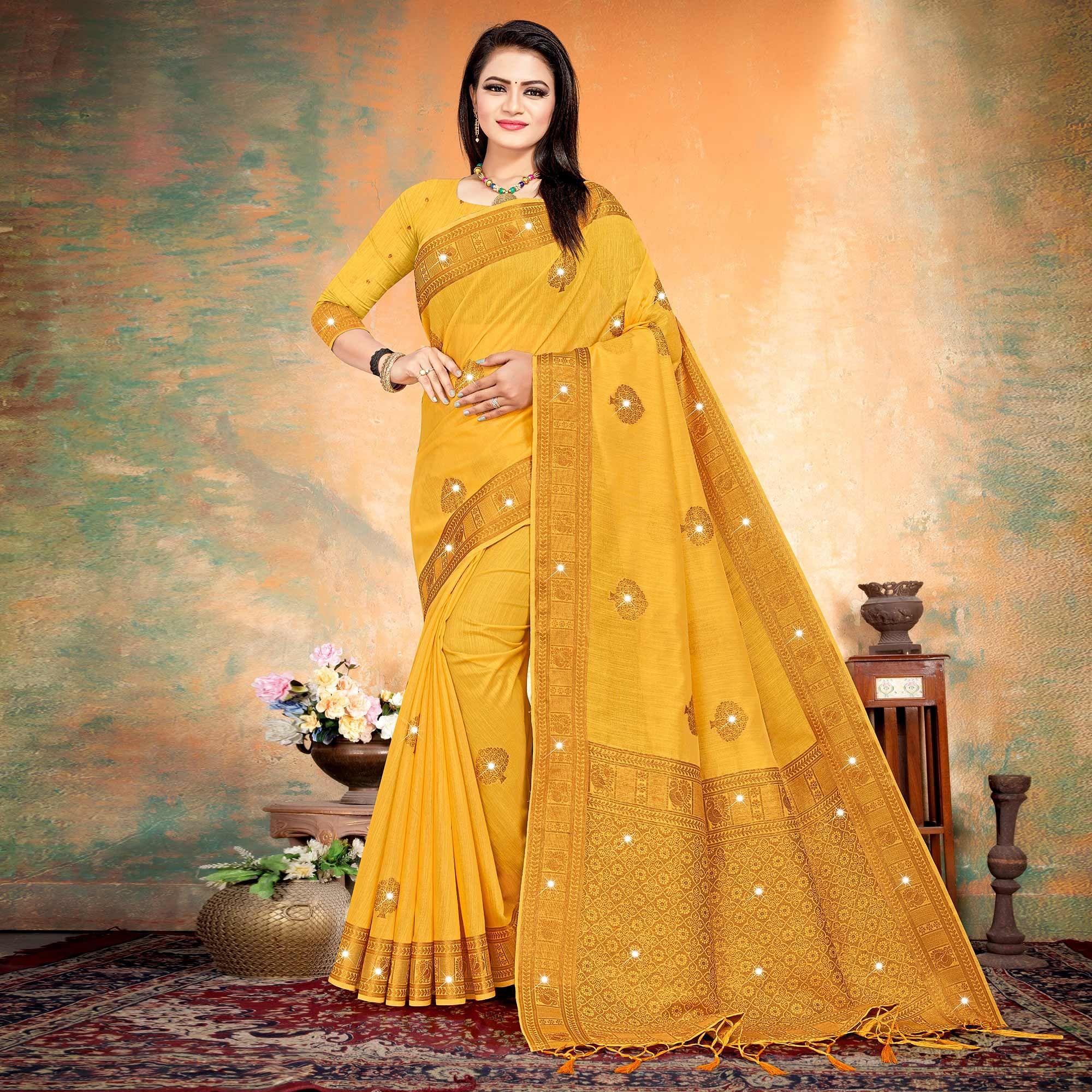 Yellow Woven With Swarovski Cotton Silk Saree - Peachmode
