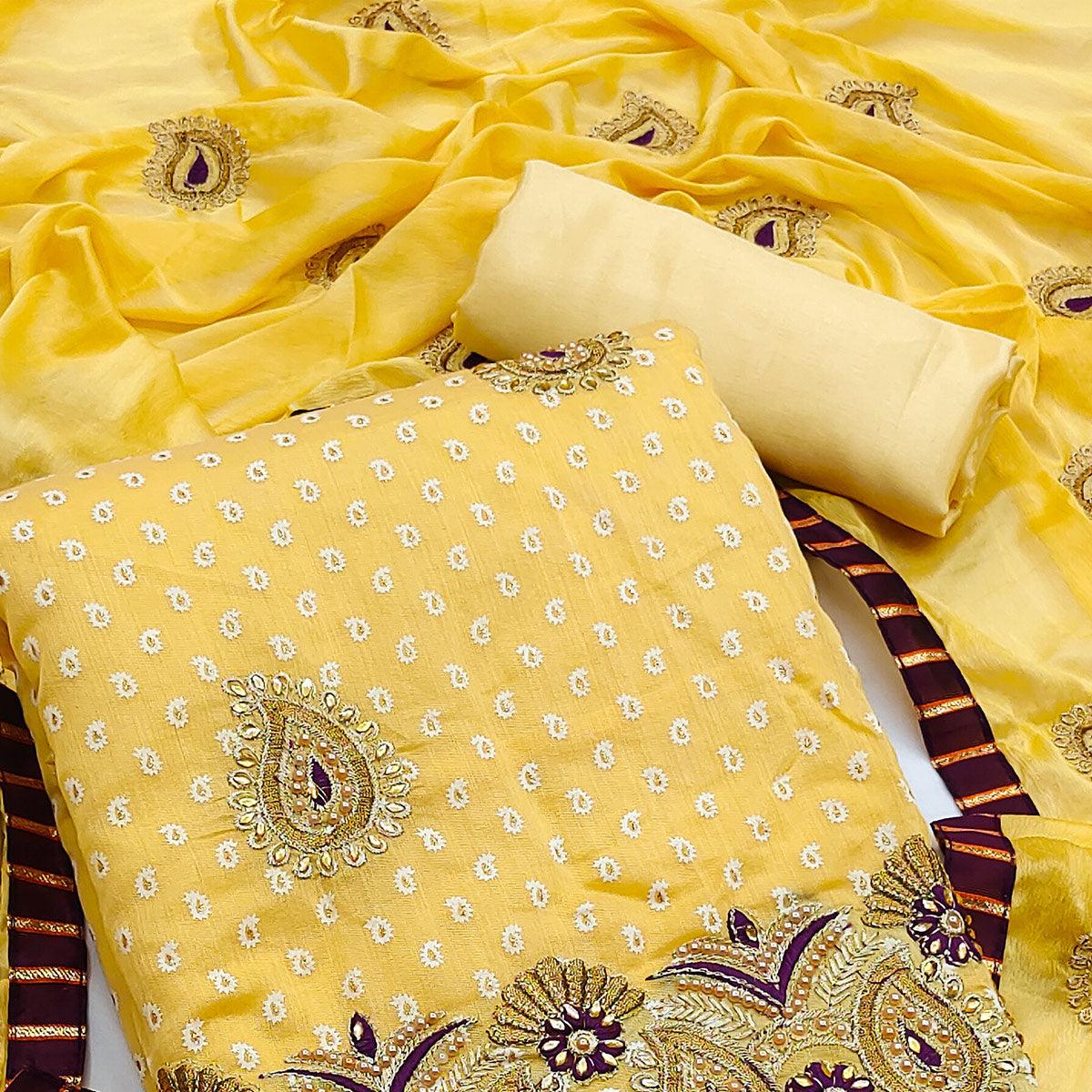 Yellow Zardosi Work Fancy Fabric Dress Material - Peachmode
